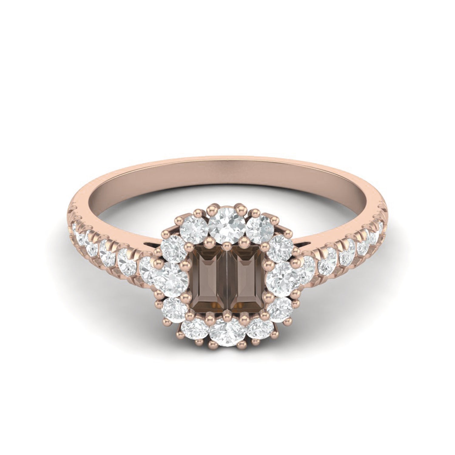 Smoky Quartz 0.28 Ct Baguette Cut Accents Halo Ring – 14K Yellow Gold
