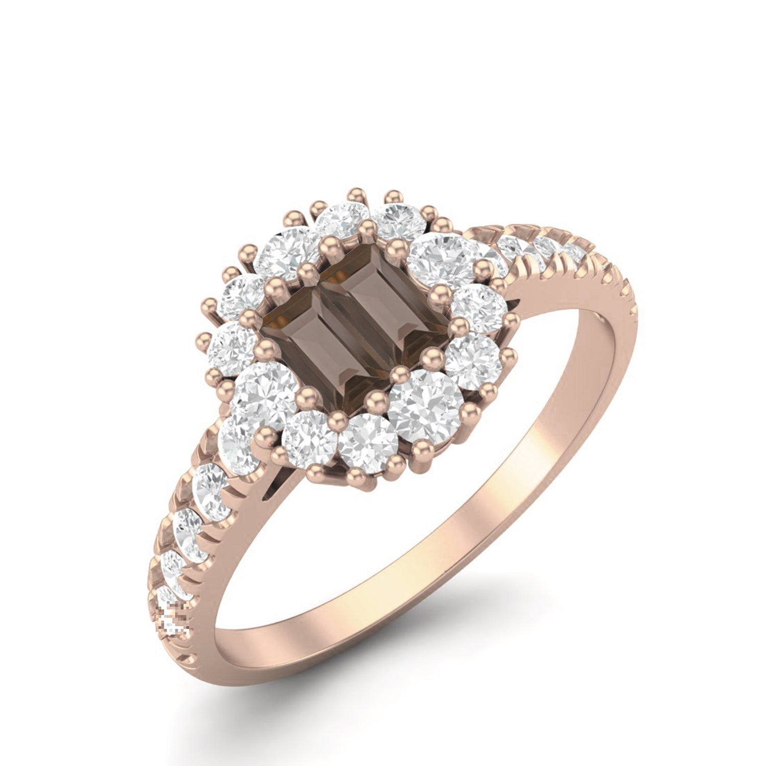 Smoky Quartz 0.28 Ct Baguette Cut Accents Halo Ring – 14K Yellow Gold