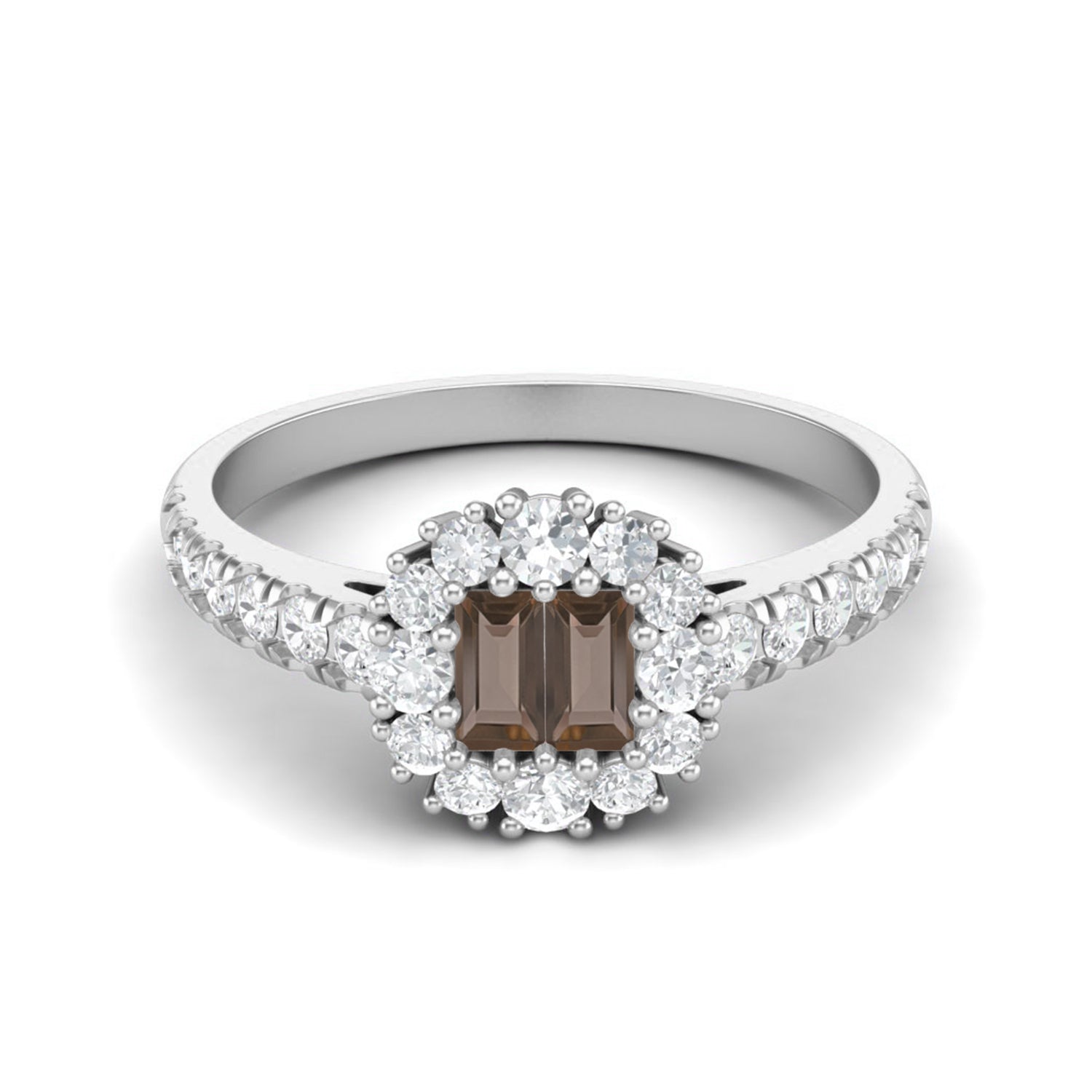 Smoky Quartz 0.28 Ct Baguette Cut Accents Halo Ring – 14K Yellow Gold