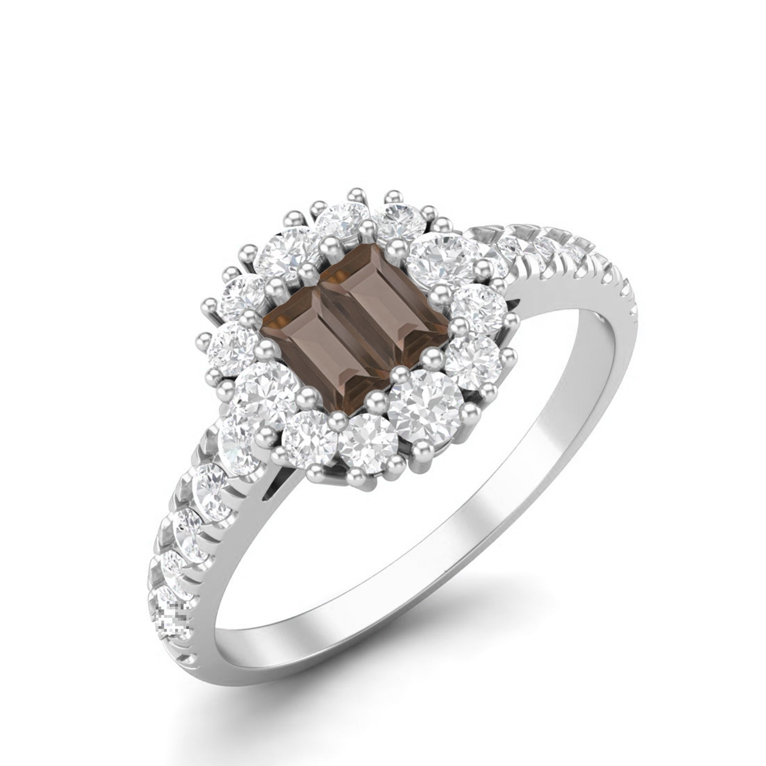 Smoky Quartz 0.28 Ct Baguette Cut Accents Halo Ring – 14K Yellow Gold