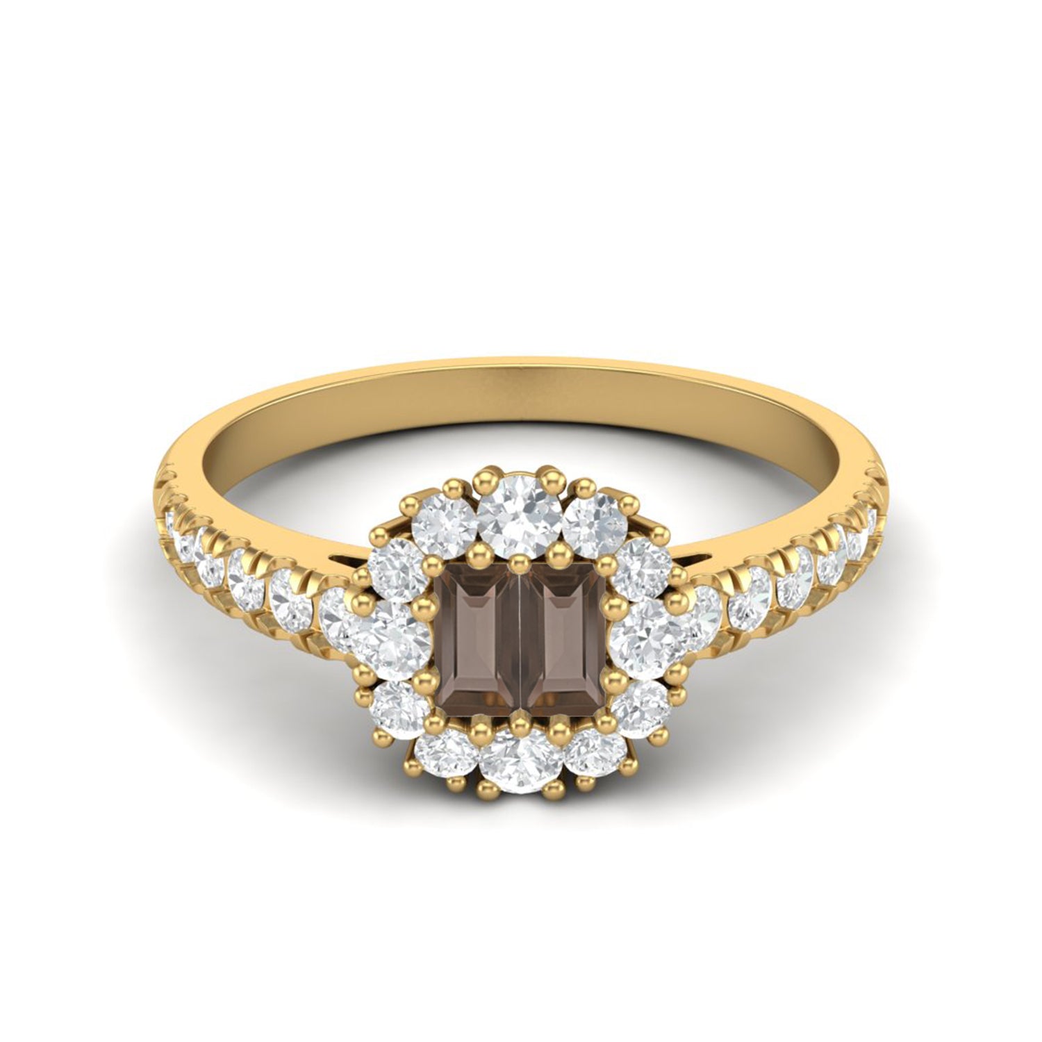 Smoky Quartz 0.28 Ct Baguette Cut Accents Halo Ring – 14K Yellow Gold
