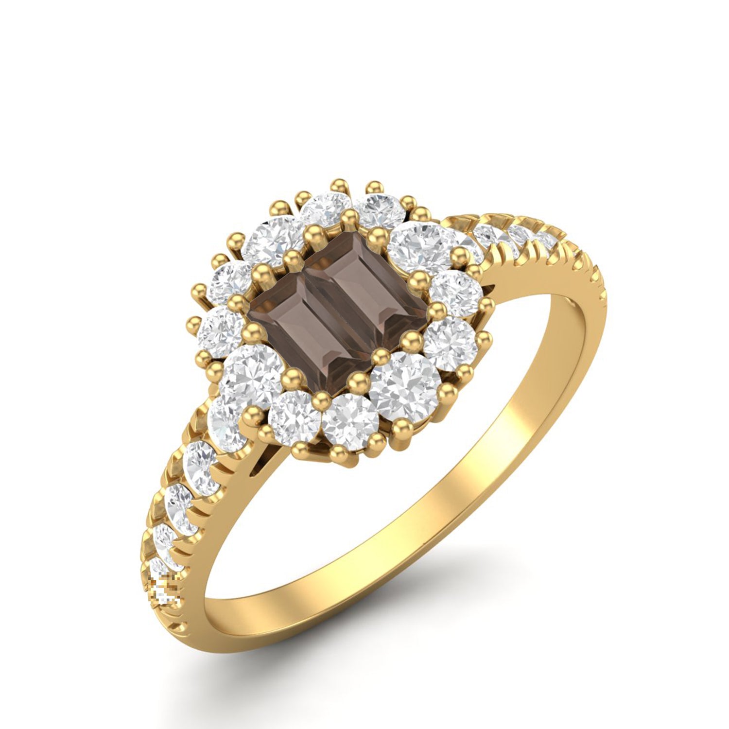 Smoky Quartz 0.28 Ct Baguette Cut Accents Halo Ring – 14K Yellow Gold