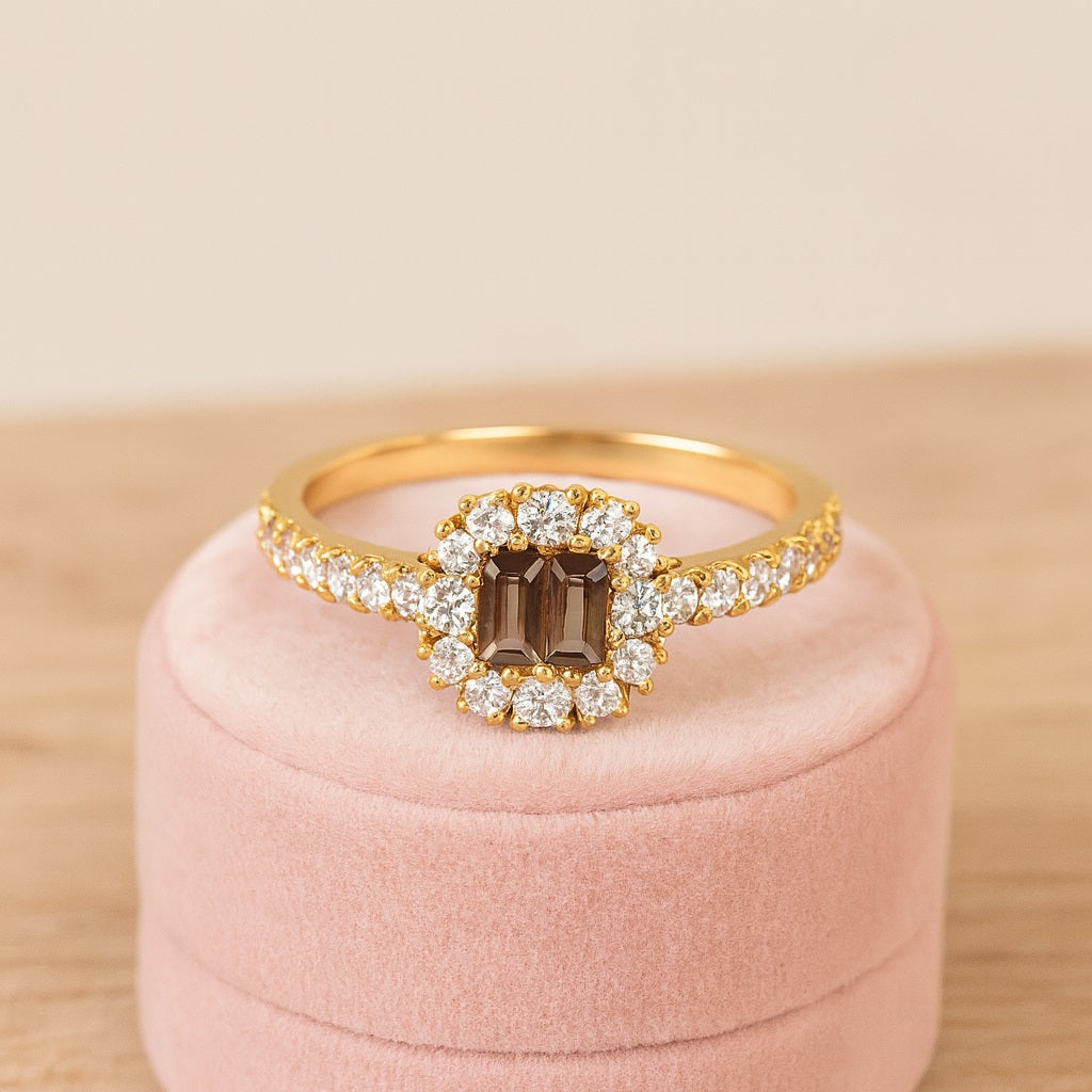 Smoky Quartz 0.28 Ct Baguette Cut Accents Halo Ring – 14K Yellow Gold