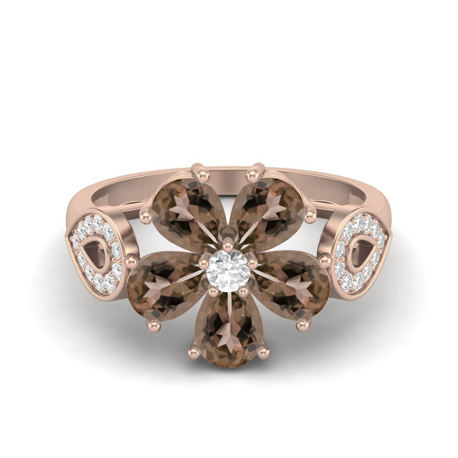 Smoky Quartz 1.50 Ct Pear Shape Floral Cocktail Ring – 14K Yellow Gold