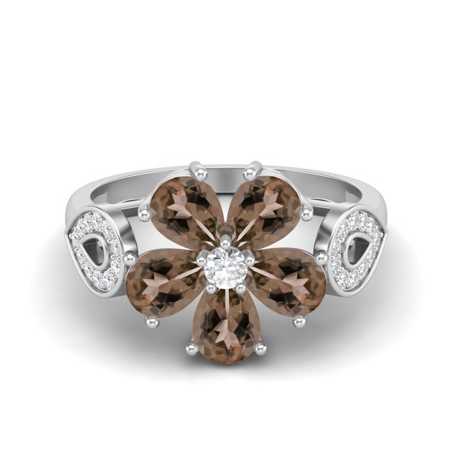 Smoky Quartz 1.50 Ct Pear Shape Floral Cocktail Ring – 14K Yellow Gold