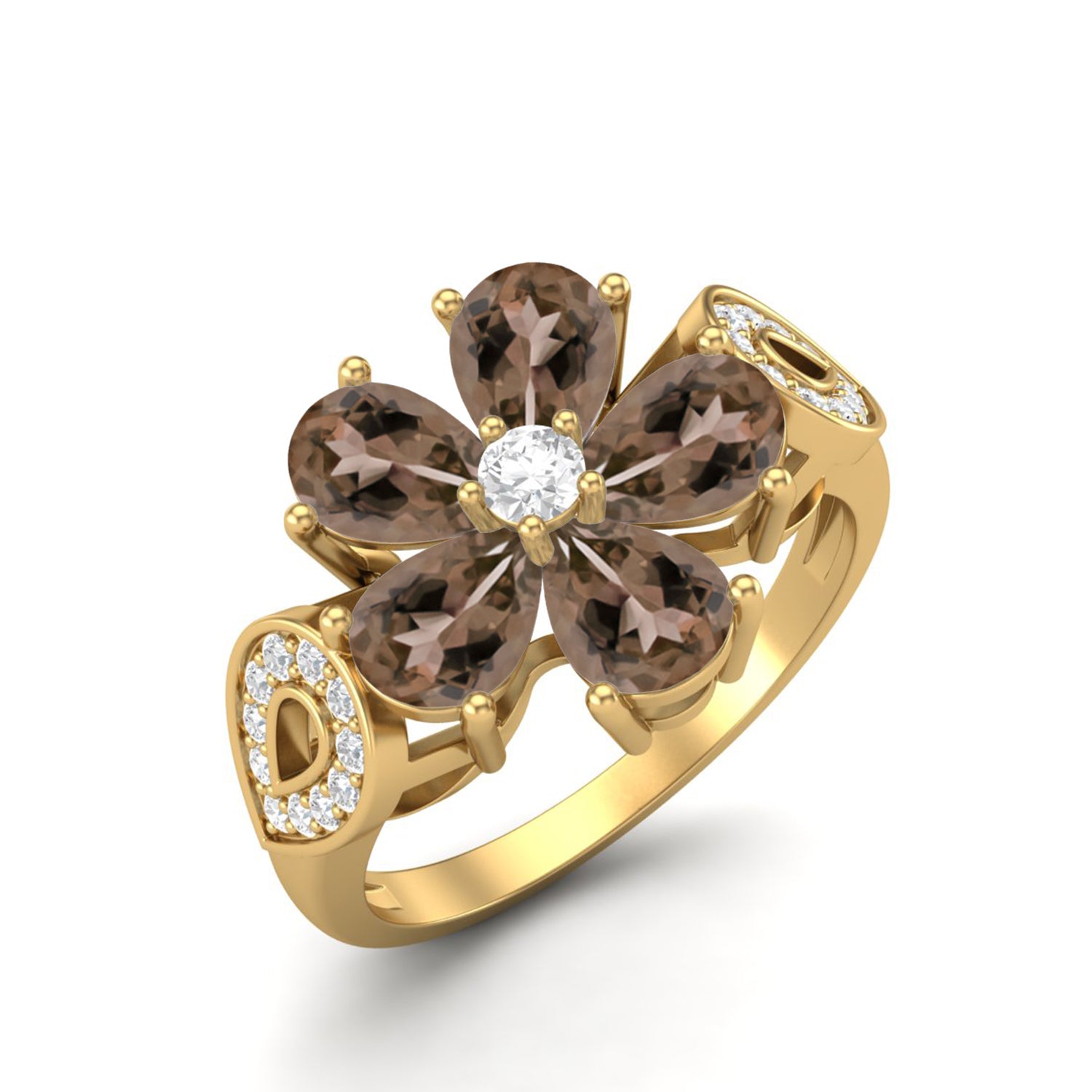 Smoky Quartz 1.50 Ct Pear Shape Floral Cocktail Ring – 14K Yellow Gold