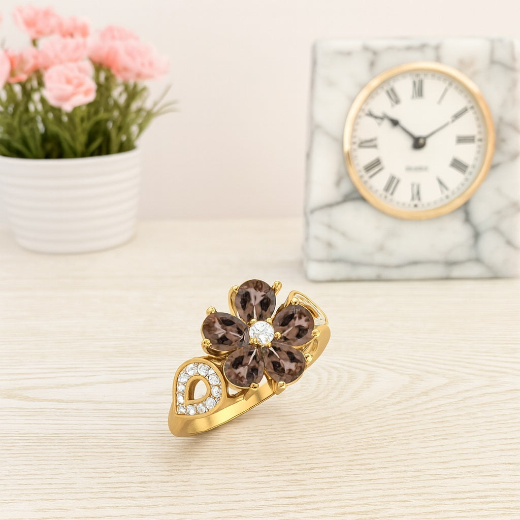 Smoky Quartz 1.50 Ct Pear Shape Floral Cocktail Ring – 14K Yellow Gold