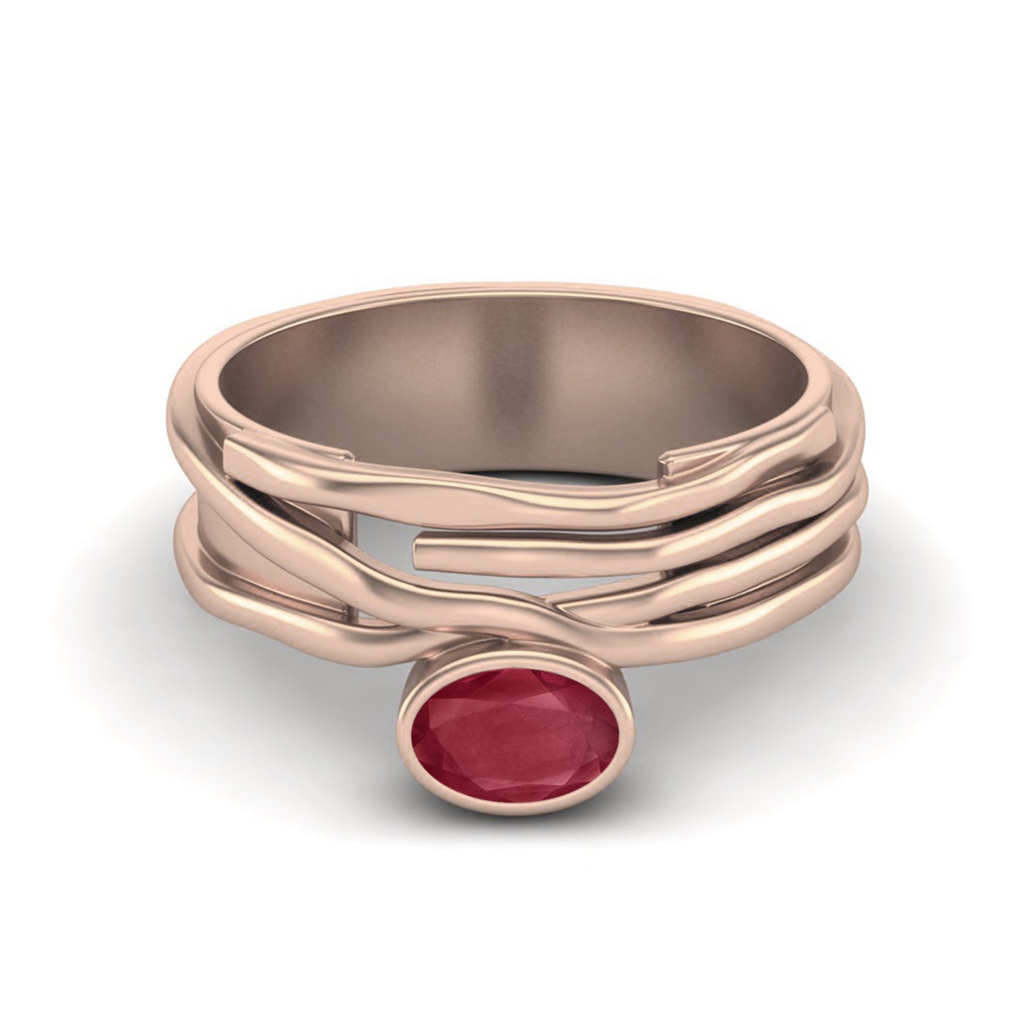 Ruby 0.50 Ct Oval Wavy Band Modern Ring – 14K Yellow Gold