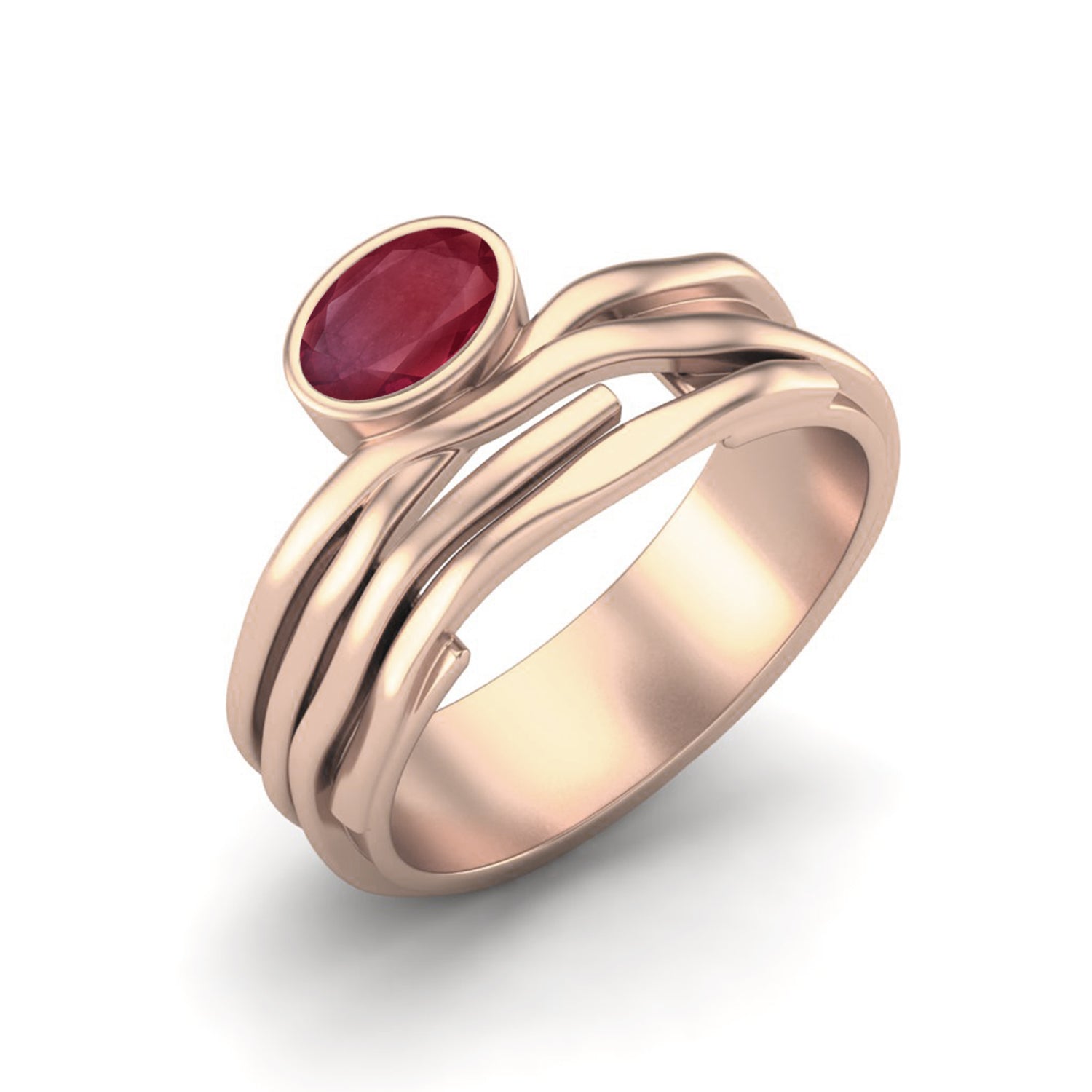 Ruby 0.50 Ct Oval Wavy Band Modern Ring – 14K Yellow Gold