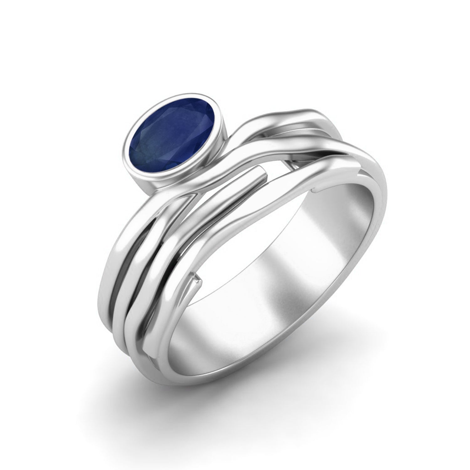 Blue Sapphire Contemporary Wave Band Ring – Sterling Silver