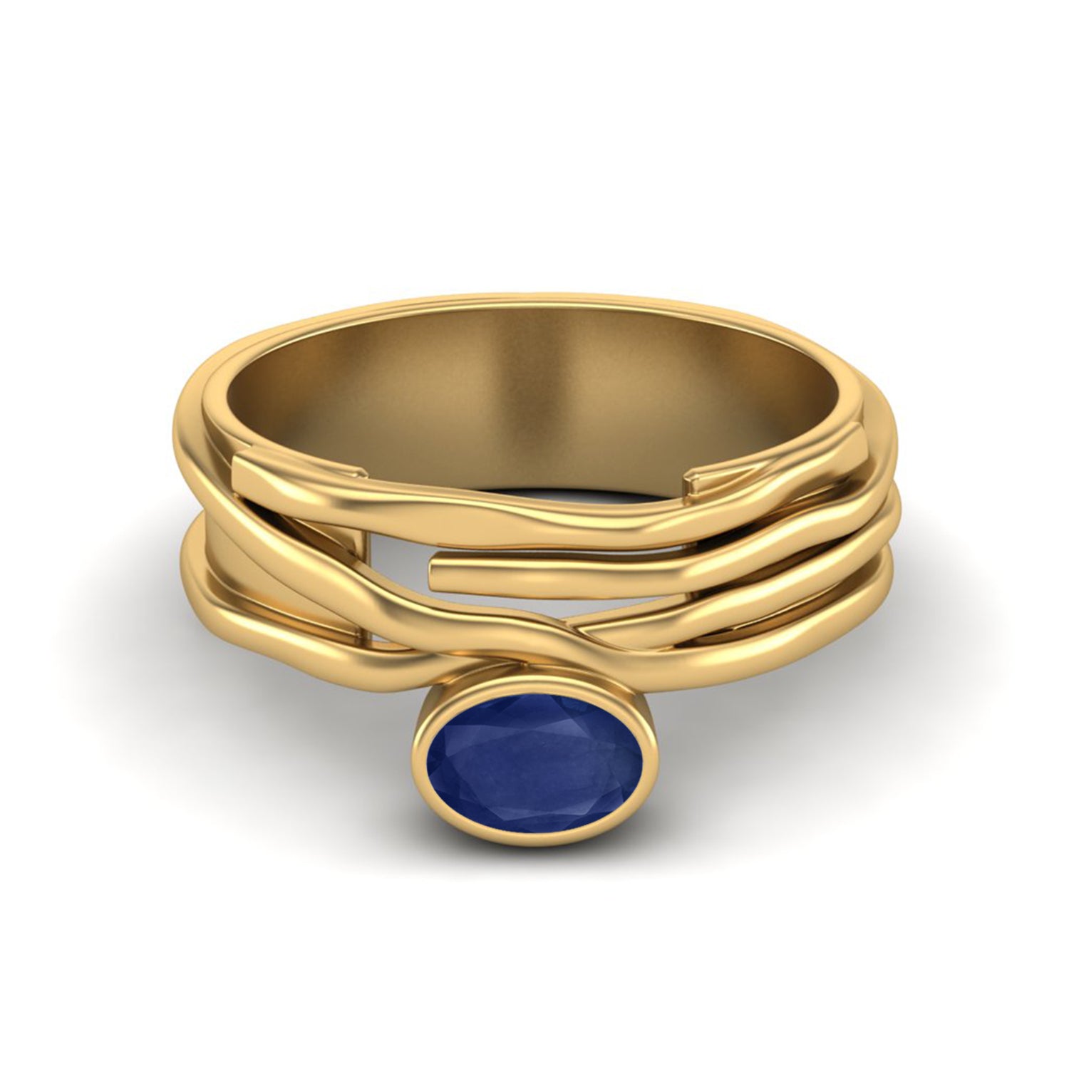 Blue Sapphire 0.50 Ct Oval Wavy Multi-Band Artistic Ring – 14k Yellow Gold