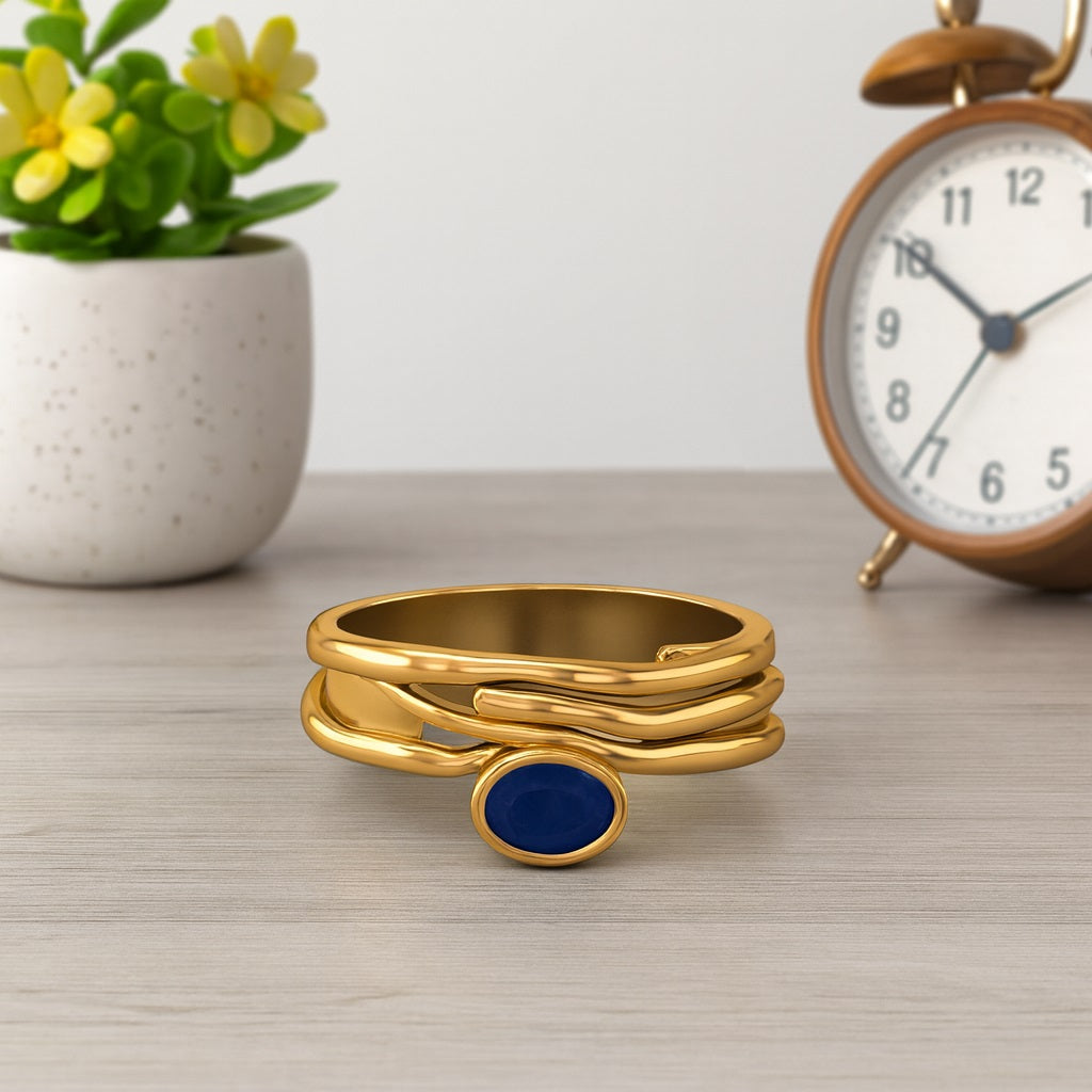 Blue Sapphire 0.50 Ct Oval Wavy Multi-Band Artistic Ring – 14k Yellow Gold