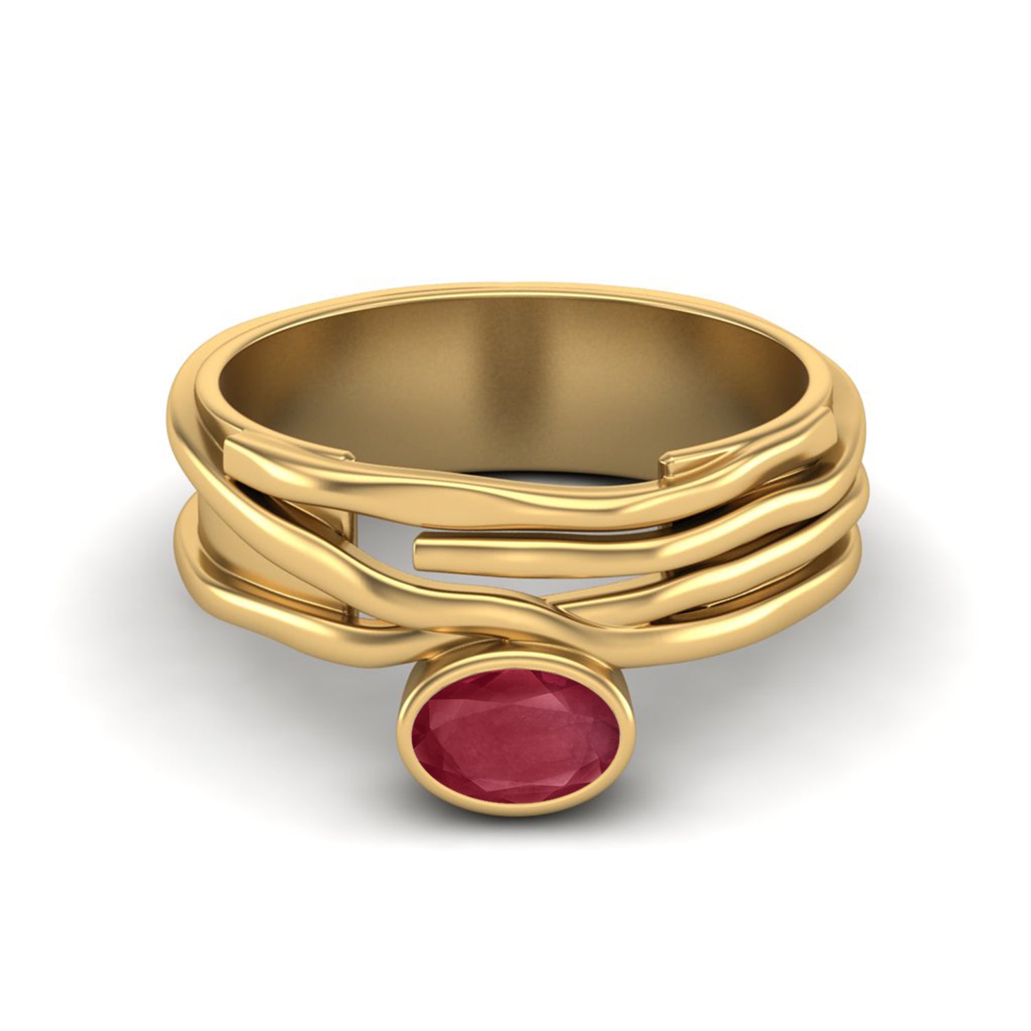 Ruby 0.50 Ct Oval Wavy Band Modern Ring – 14K Yellow Gold