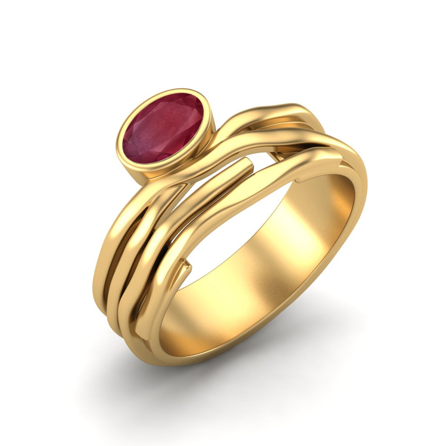 Ruby 0.50 Ct Oval Wavy Band Modern Ring – 14K Yellow Gold