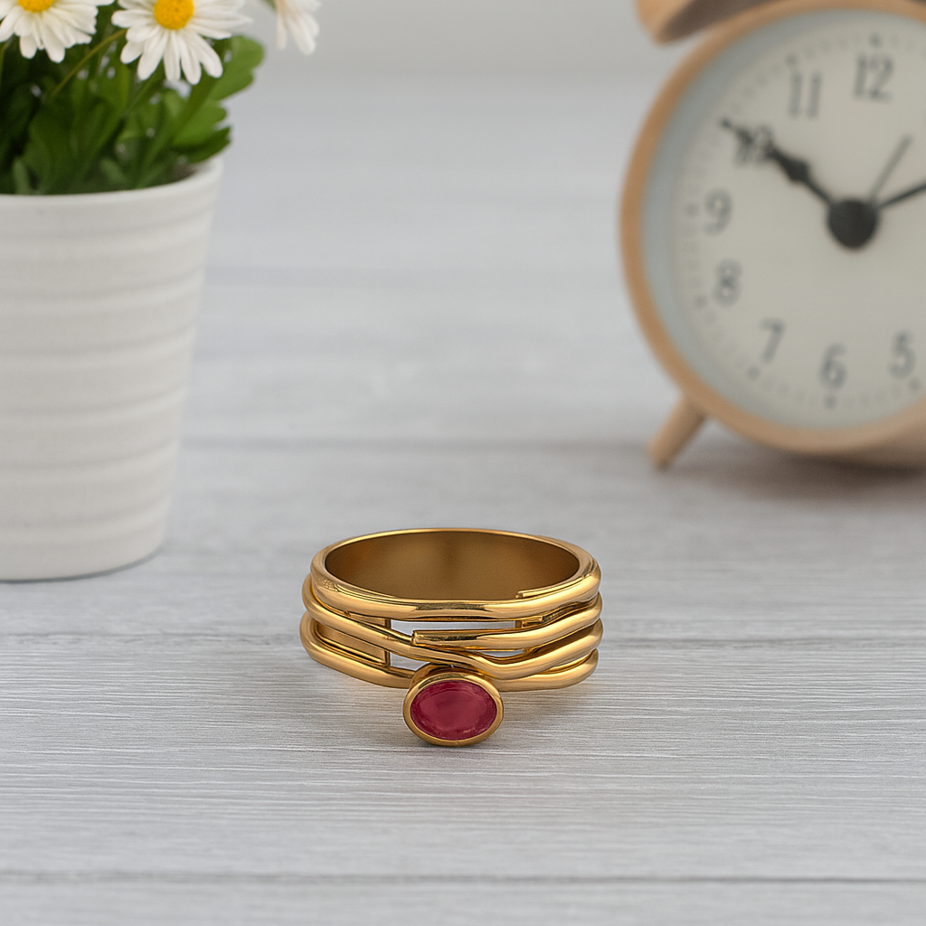 Ruby 0.50 Ct Oval Wavy Band Modern Ring – 14K Yellow Gold