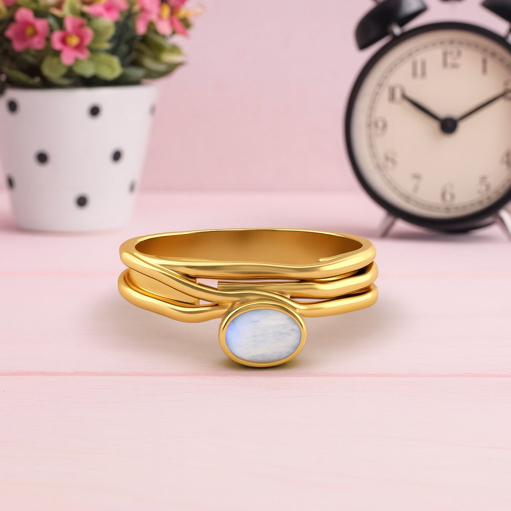 Moonstone  Textured Layered Band Ring - Sterling Silver