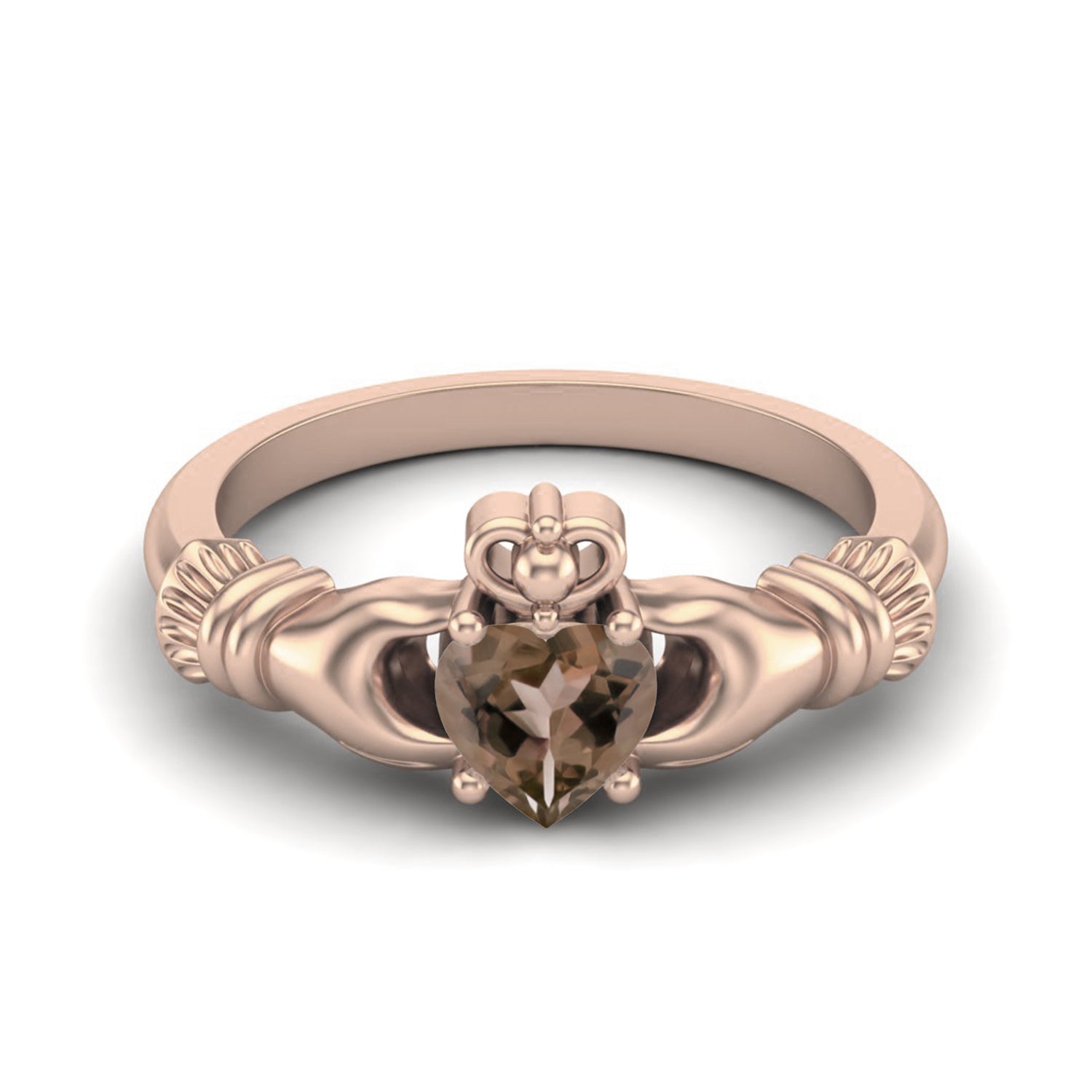 Smoky Quartz 0.50 Ct Heart Claddagh Design Ring - 14K Yellow Gold