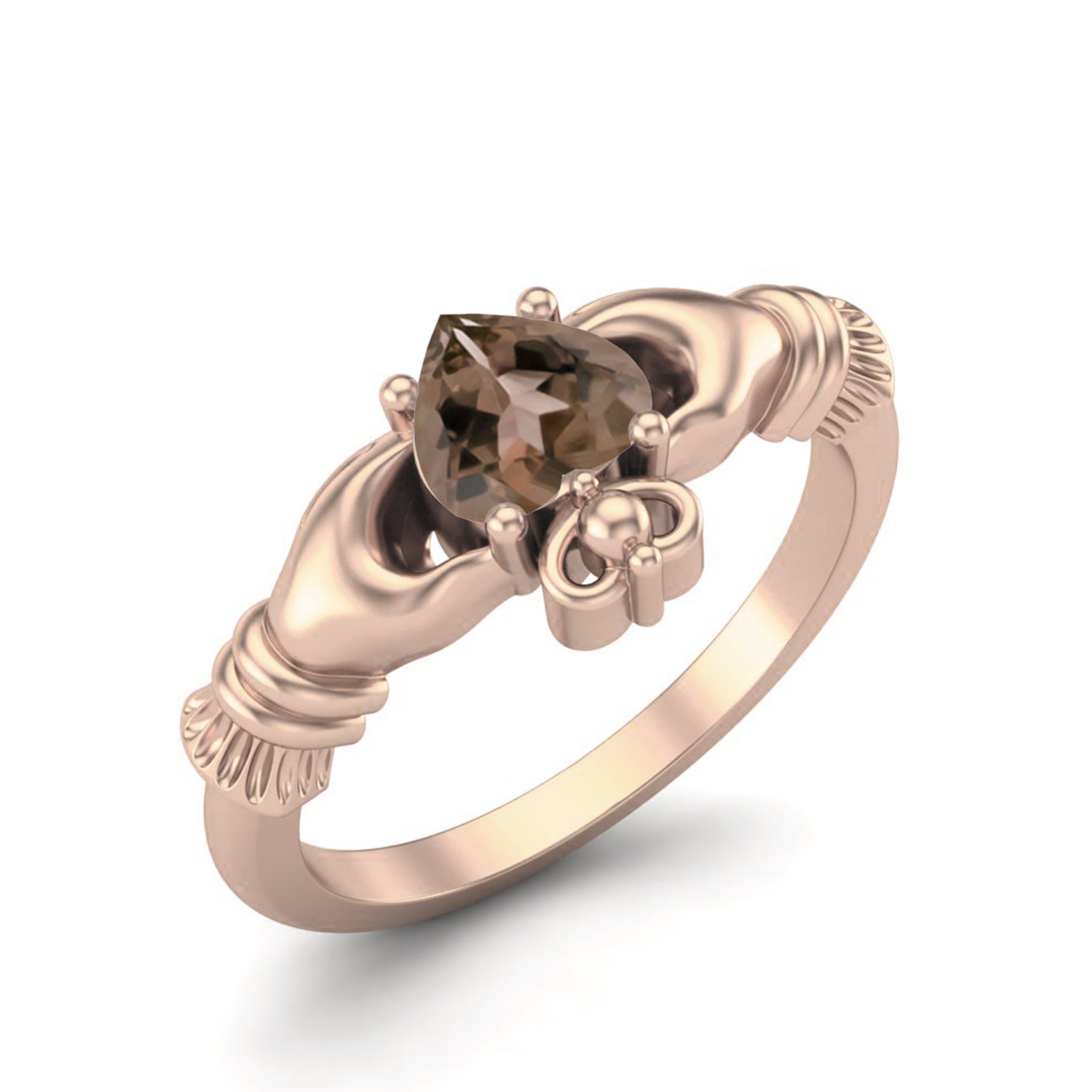 Smoky Quartz 0.50 Ct Heart Claddagh Design Ring - 14K Yellow Gold