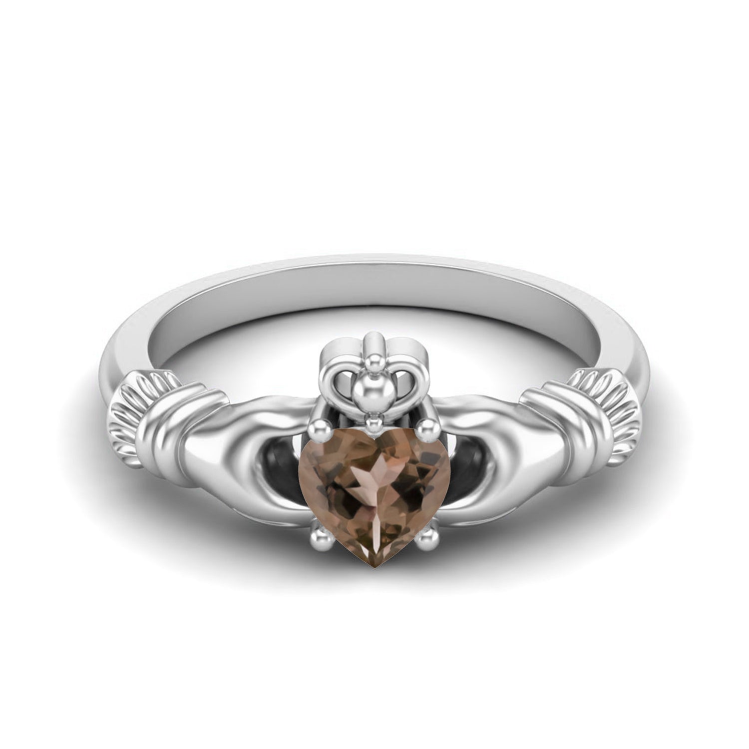 Smoky Quartz 0.50 Ct Heart Claddagh Design Ring - 14K Yellow Gold