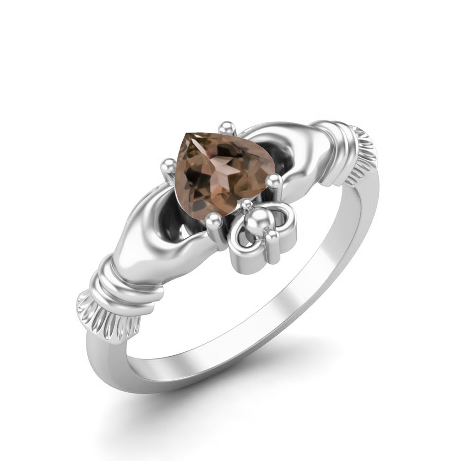 Smoky Quartz 0.50 Ct Heart Claddagh Design Ring - 14K Yellow Gold