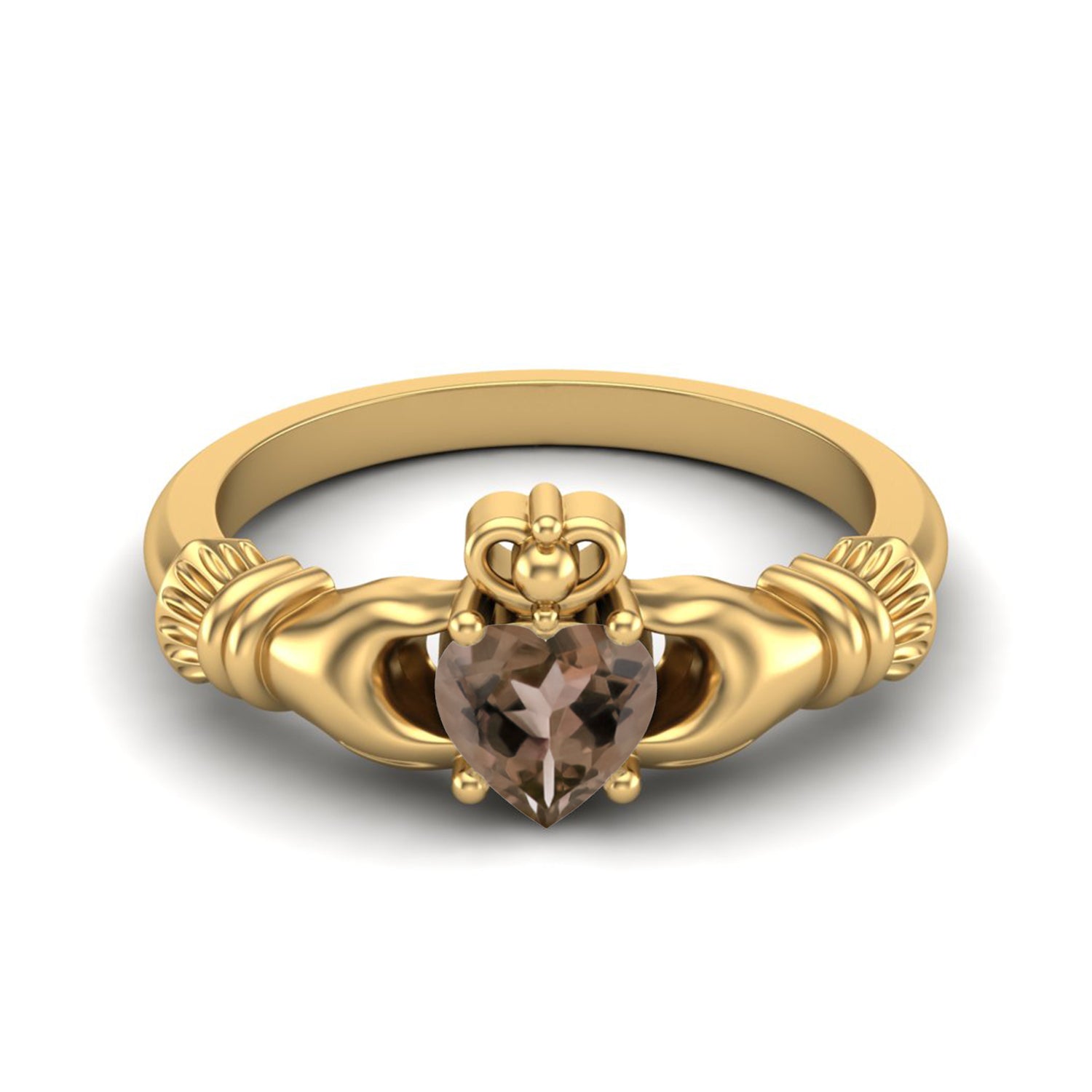 Smoky Quartz 0.50 Ct Heart Claddagh Design Ring - 14K Yellow Gold