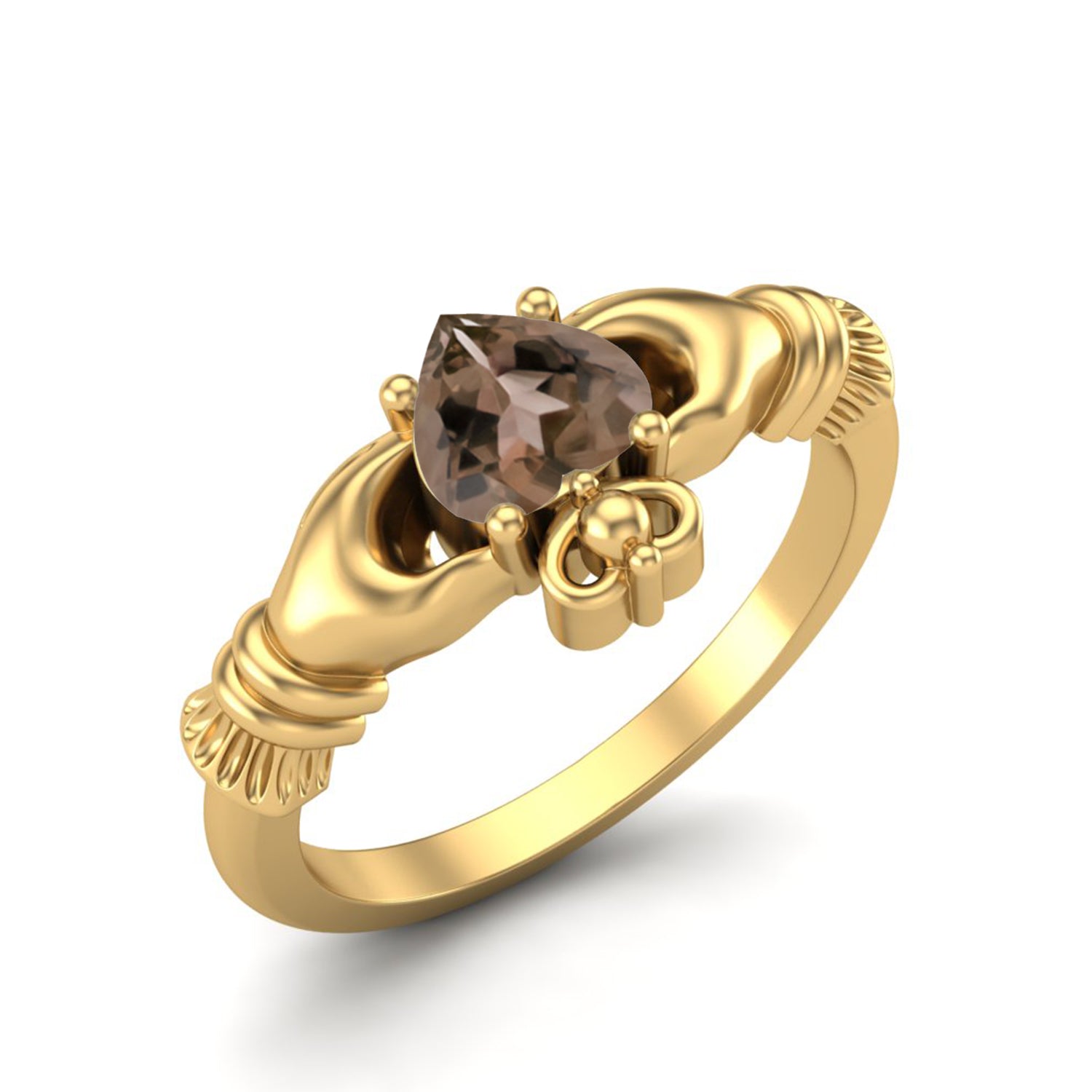 Smoky Quartz 0.50 Ct Heart Claddagh Design Ring - 14K Yellow Gold