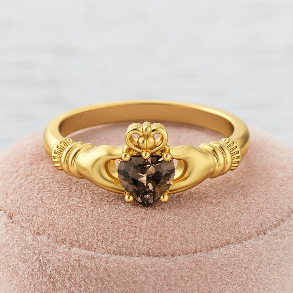 Smoky Quartz 0.50 Ct Heart Claddagh Design Ring - 14K Yellow Gold