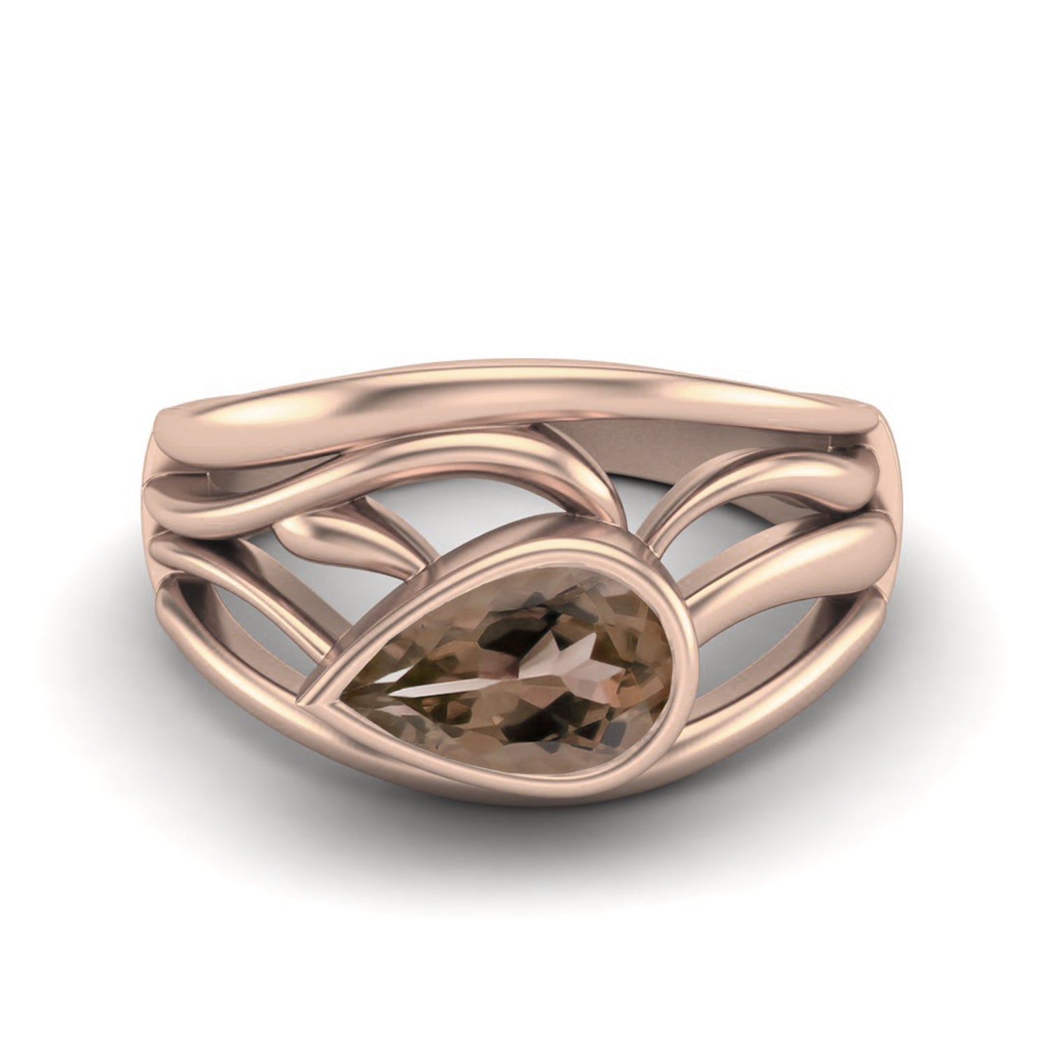 Smoky Quartz 1.00 Ct Pear Shape Modern Wave Ring – 14K Yellow Gold