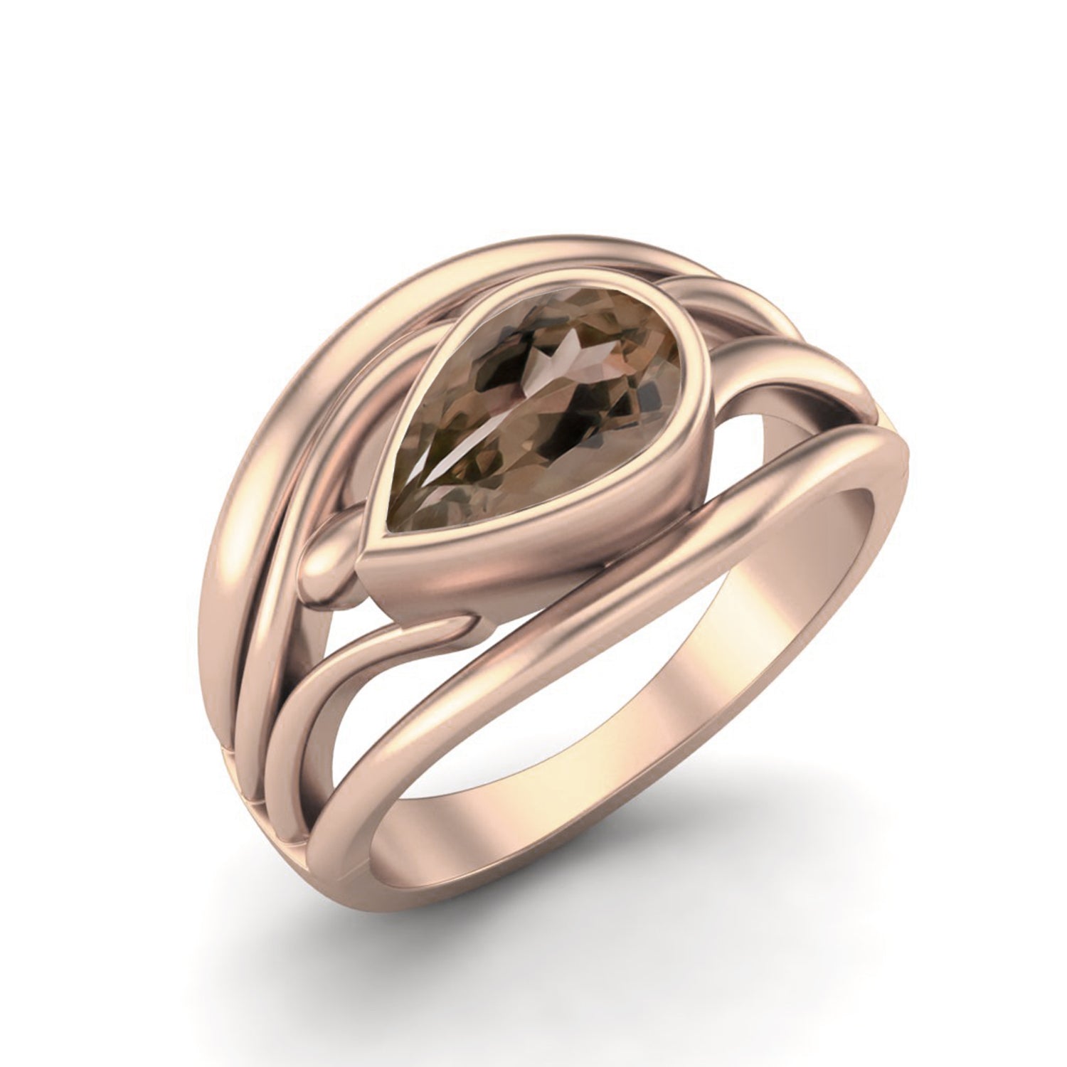 Smoky Quartz 1.00 Ct Pear Shape Modern Wave Ring – 14K Yellow Gold