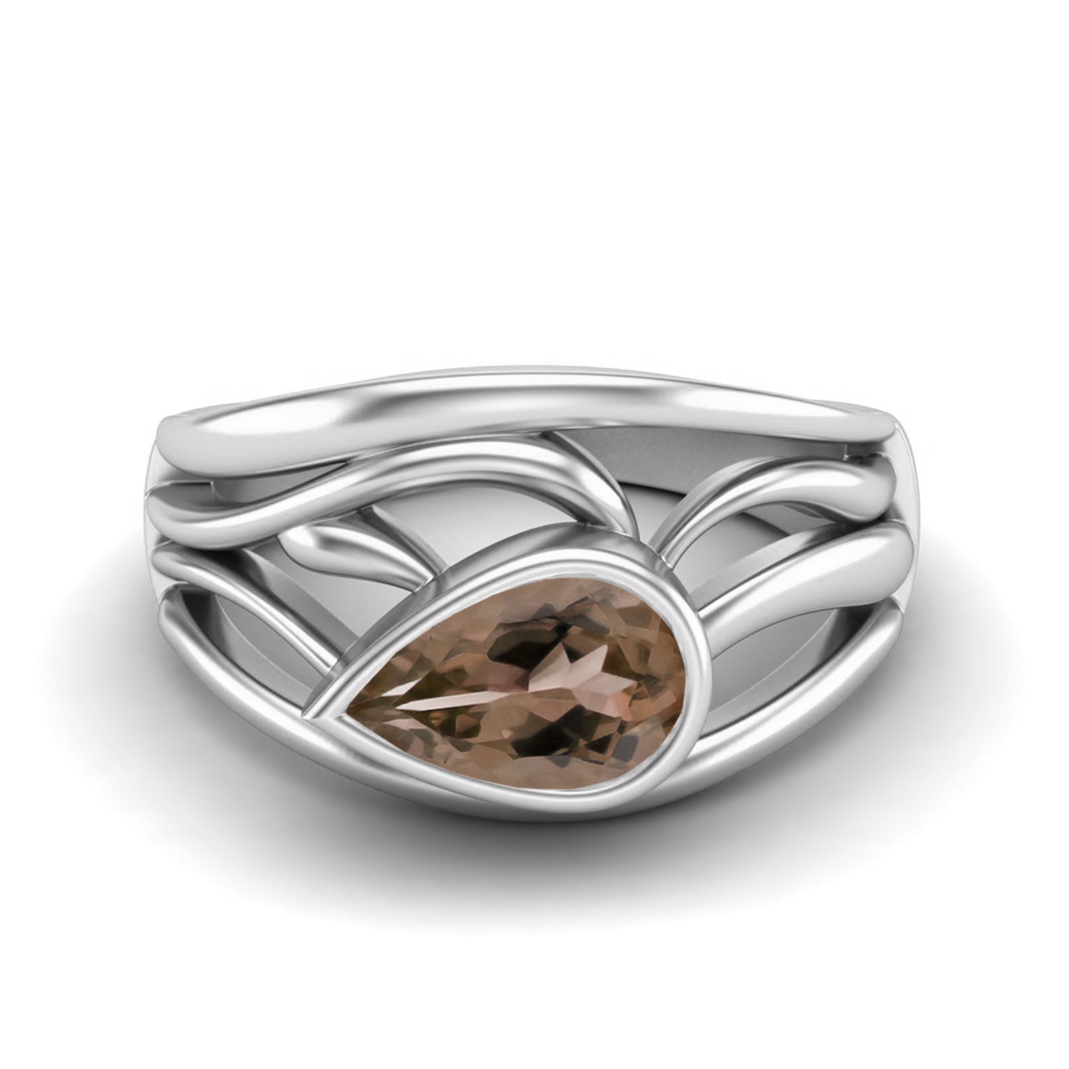 Smoky Quartz 1.00 Ct Pear Shape Modern Wave Ring – 14K Yellow Gold