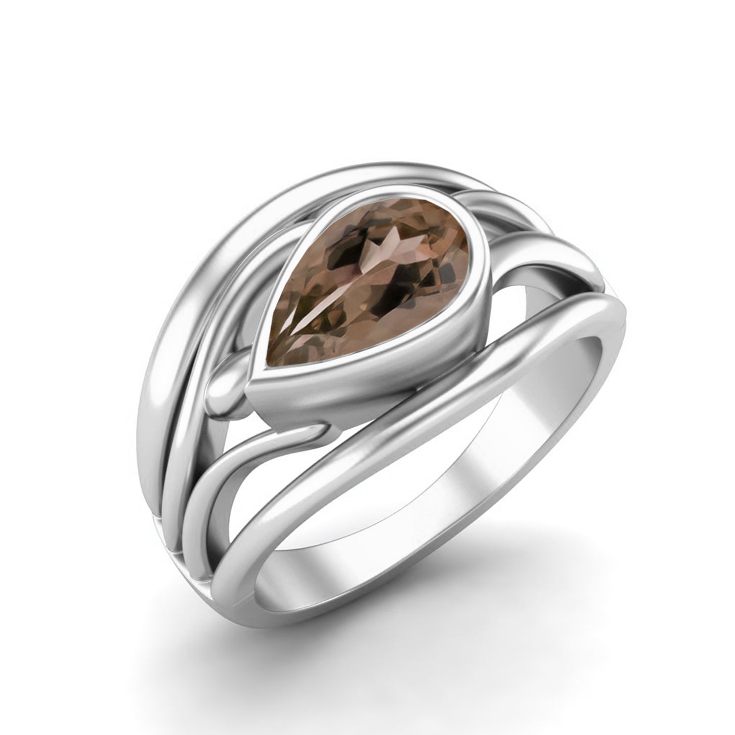 Smoky Quartz 1.00 Ct Pear Shape Modern Wave Ring – 14K Yellow Gold