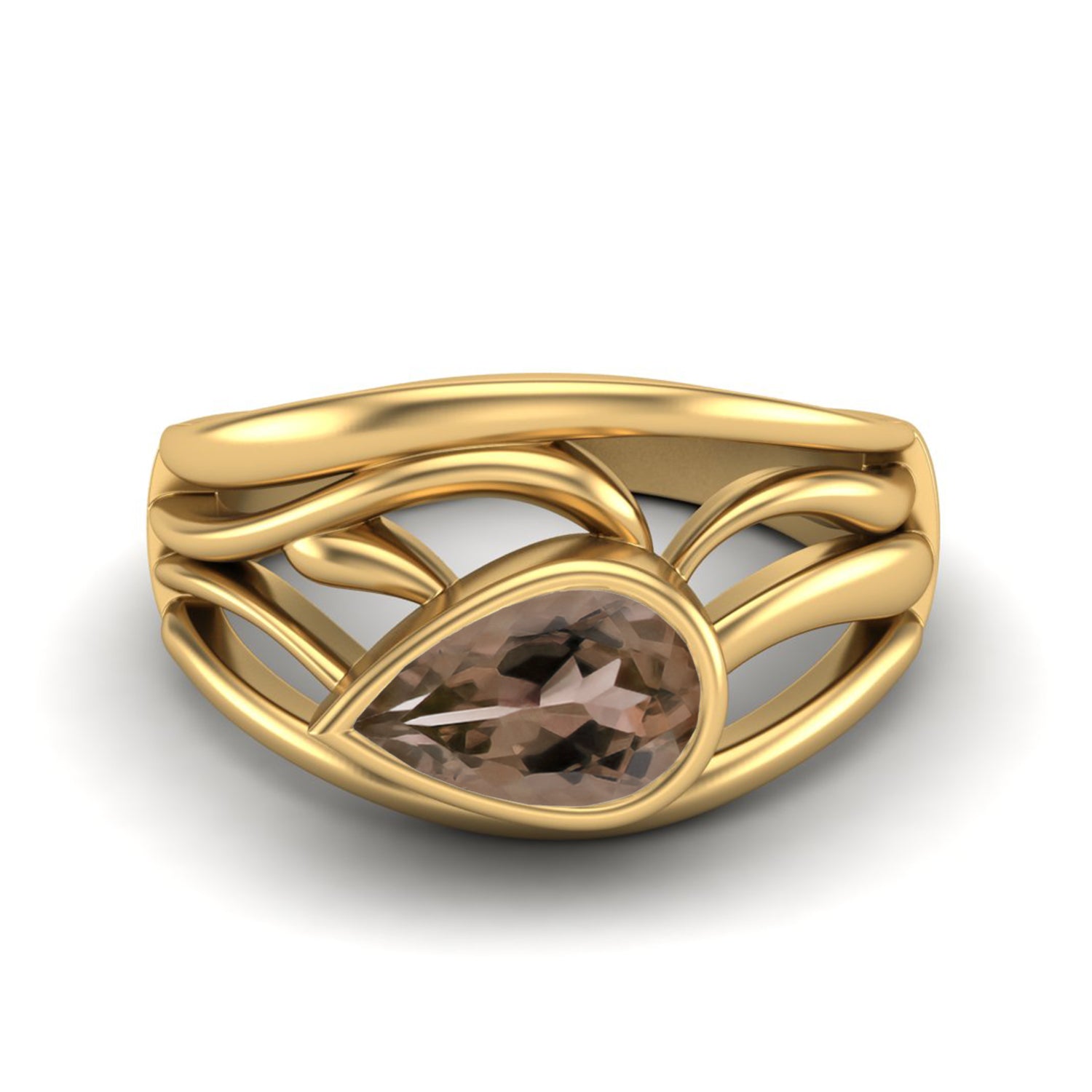 Smoky Quartz 1.00 Ct Pear Shape Modern Wave Ring – 14K Yellow Gold