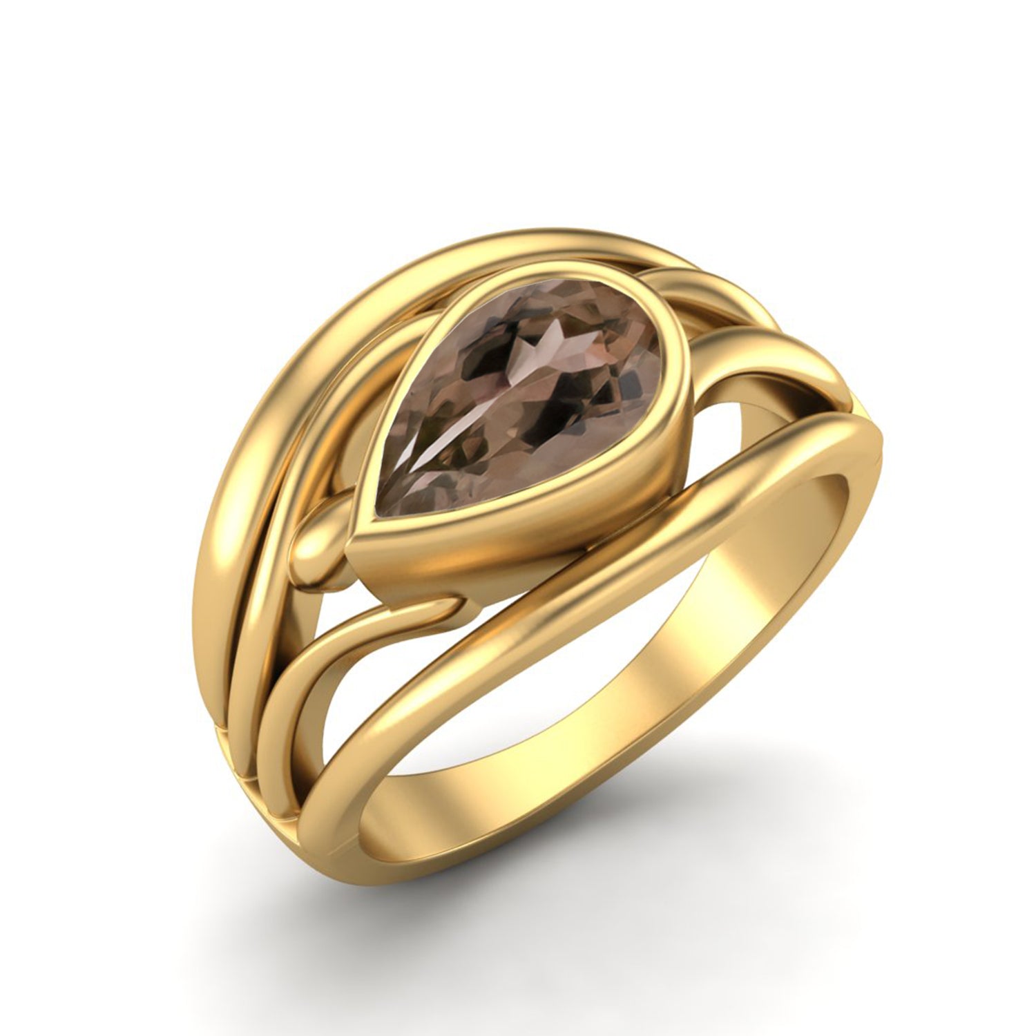 Smoky Quartz 1.00 Ct Pear Shape Modern Wave Ring – 14K Yellow Gold