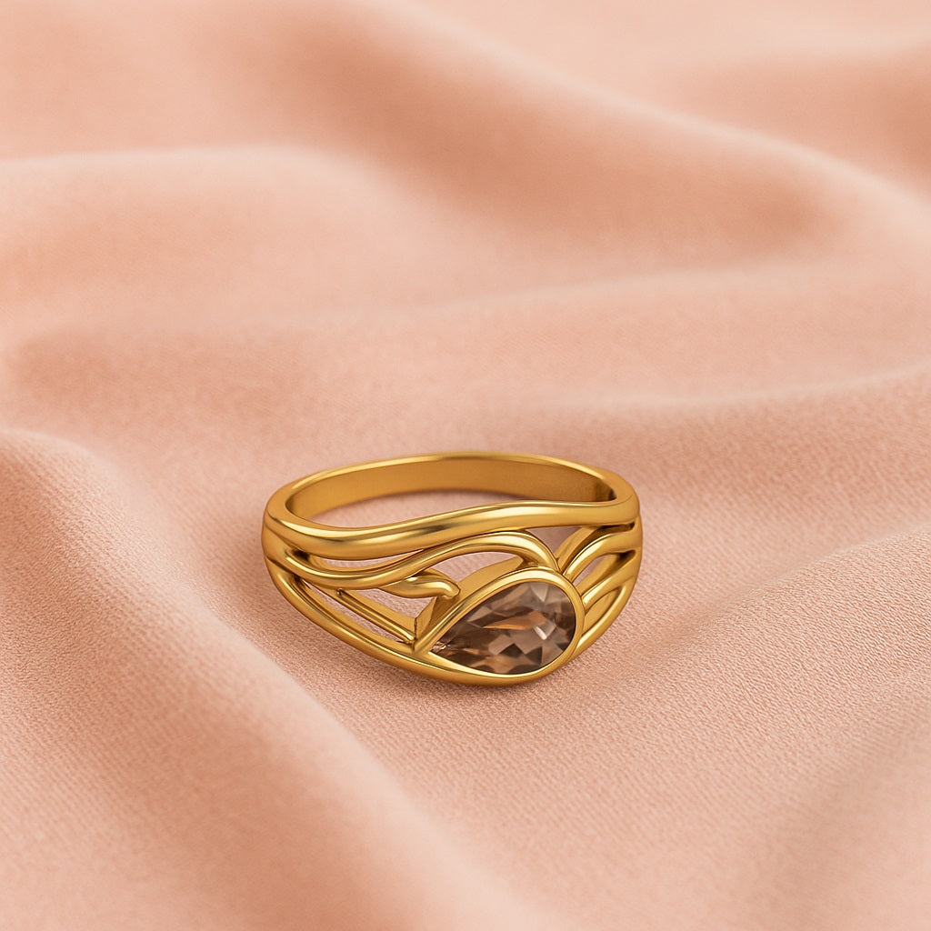 Smoky Quartz 1.00 Ct Pear Shape Modern Wave Ring – 14K Yellow Gold