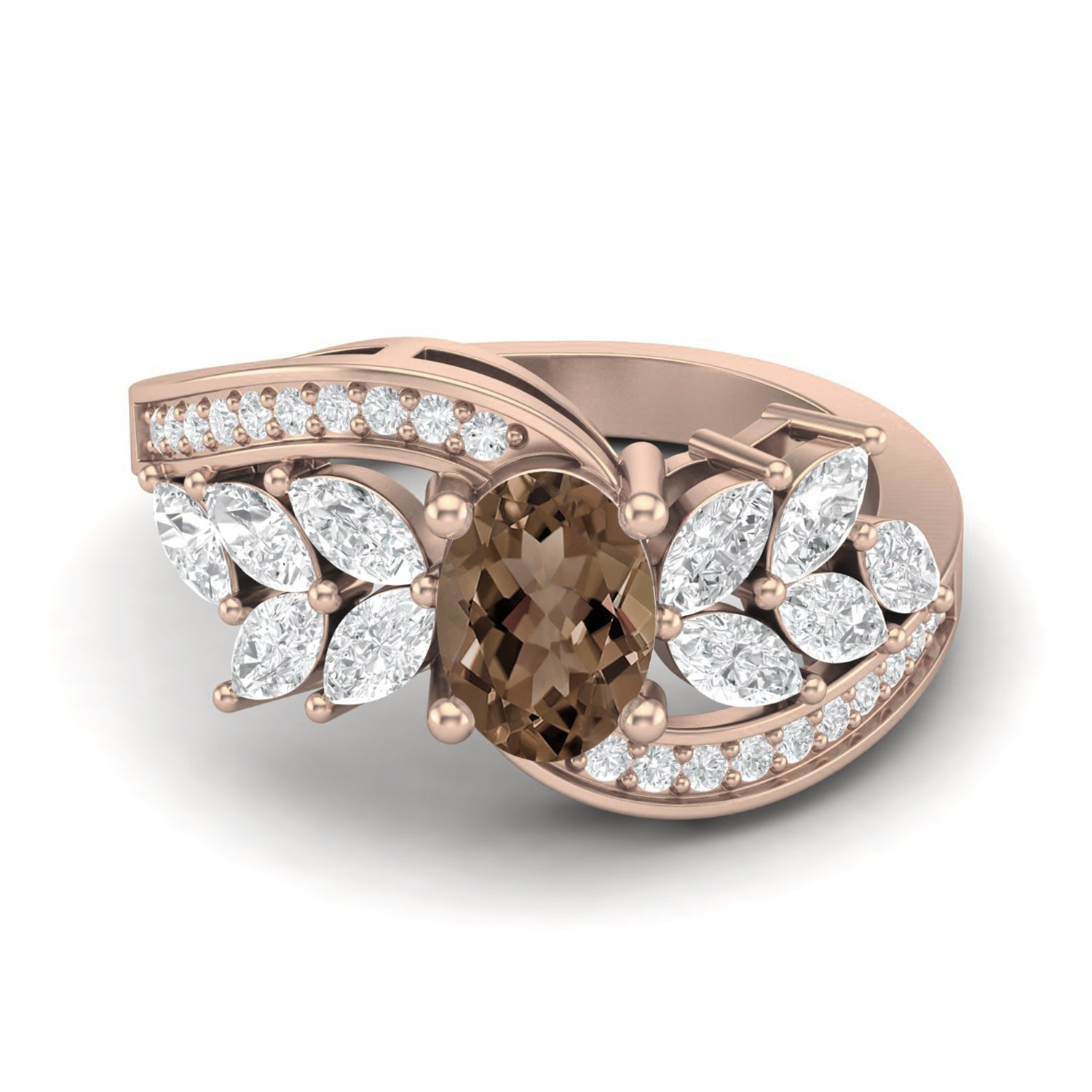 Smoky Quartz 1.00 Ct Oval  Leaf Accent  Ring – 14K Yellow Gold
