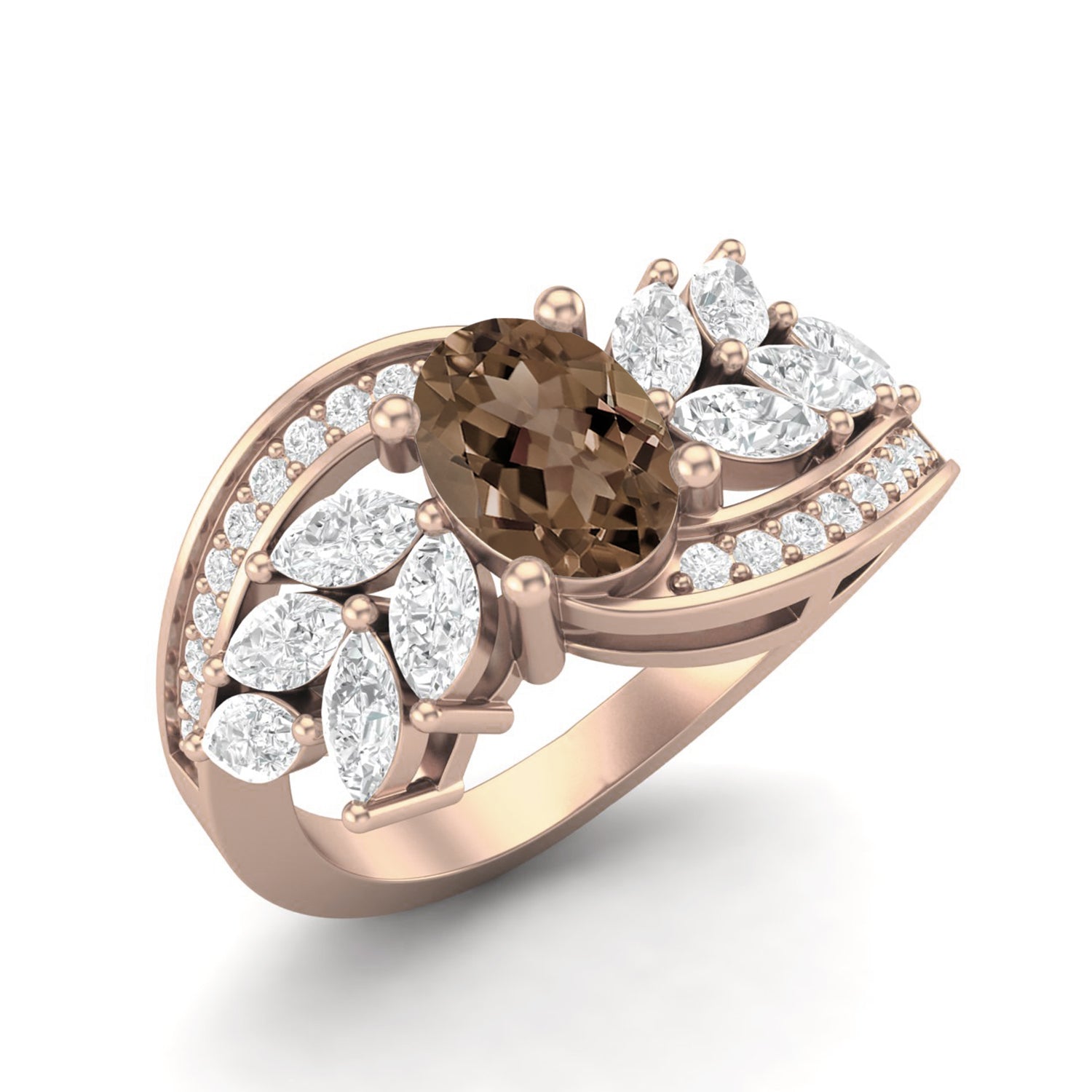Smoky Quartz 1.00 Ct Oval  Leaf Accent  Ring – 14K Yellow Gold