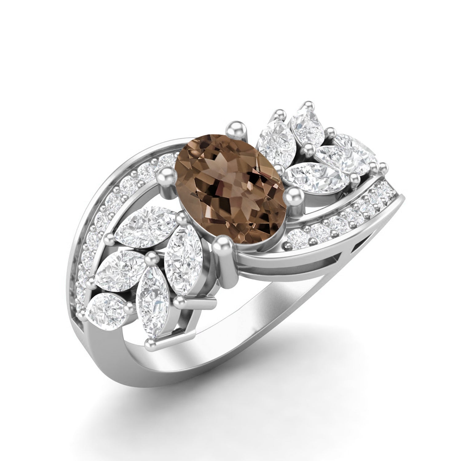 Smoky Quartz 1.00 Ct Oval  Leaf Accent  Ring – 14K Yellow Gold