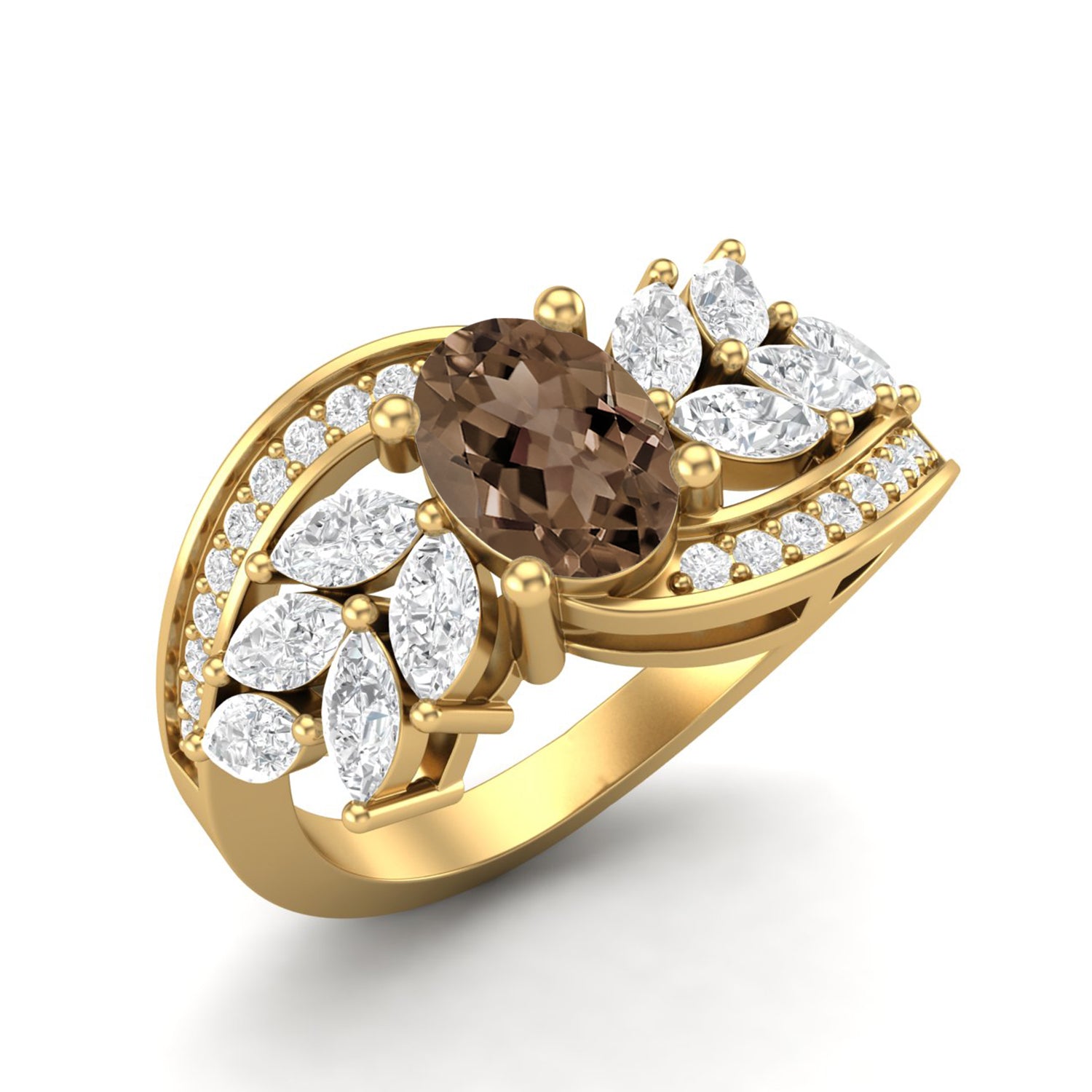 Smoky Quartz 1.00 Ct Oval  Leaf Accent  Ring – 14K Yellow Gold