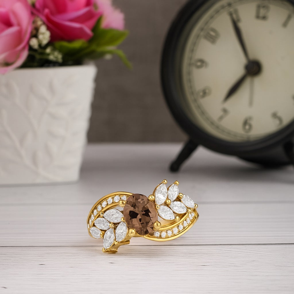 Smoky Quartz 1.00 Ct Oval  Leaf Accent  Ring – 14K Yellow Gold