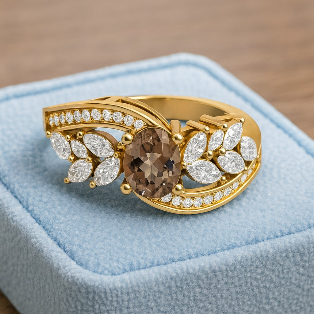 Smoky Quartz 1.00 Ct Oval  Leaf Accent  Ring – 14K Yellow Gold