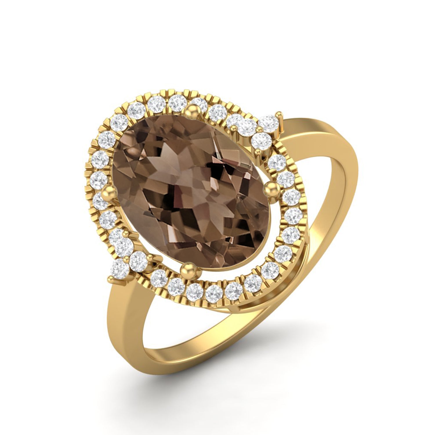 Smoky Quartz 6.00 Ct Oval Halo Ring – 14K Yellow Gold