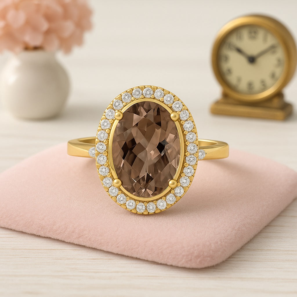 Smoky Quartz 6.00 Ct Oval Halo Ring – 14K Yellow Gold