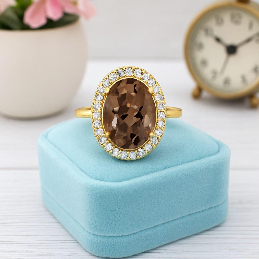 Smoky Quartz 6.00 Ct Oval Halo Ring – 14K Yellow Gold