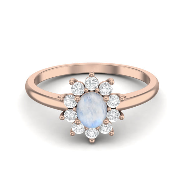 Natural Moonstone Gemstone Halo Wedding Ring Art Deco Solitaire Engagement Ring in 925 Sterling Silver