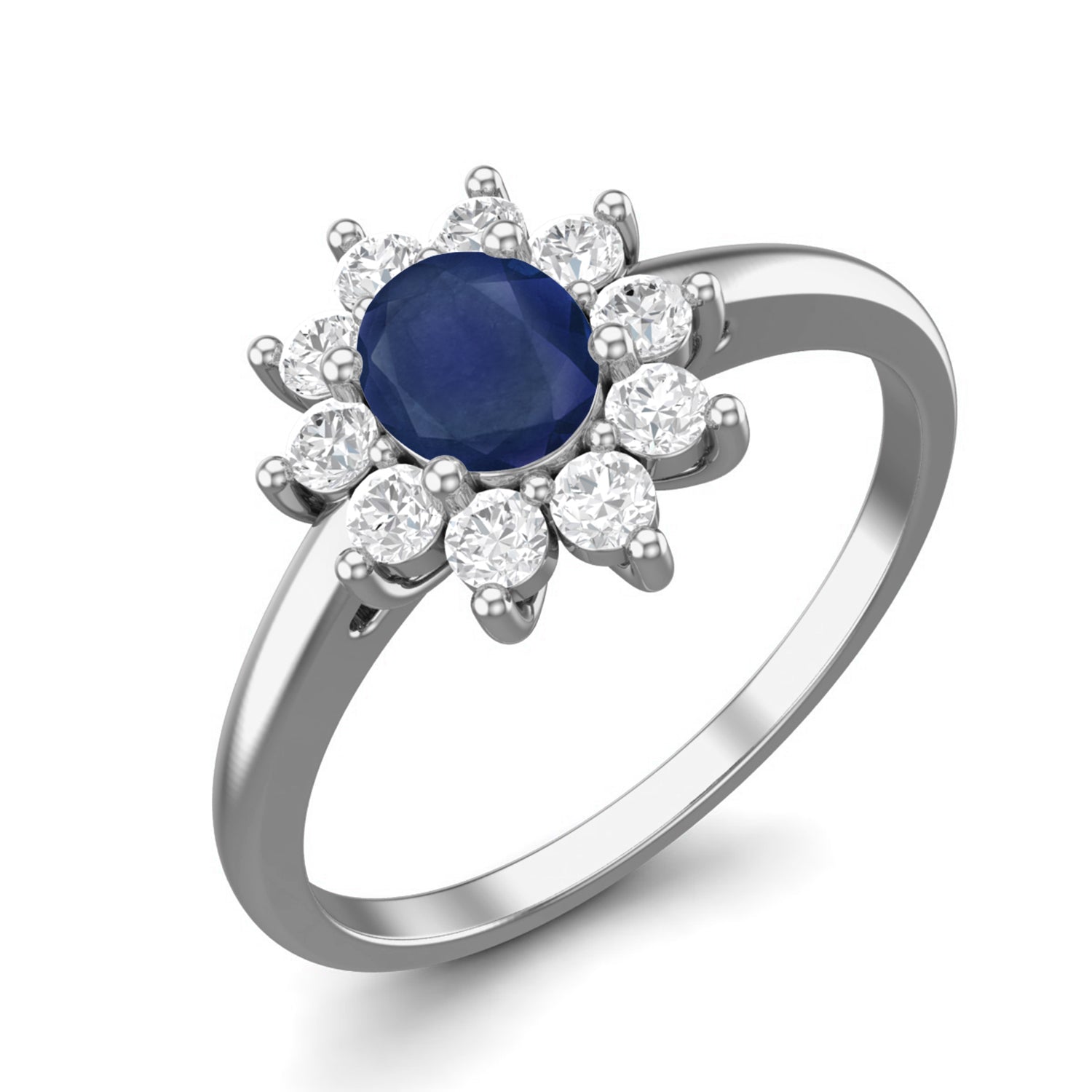 Blue Sapphire Classic Flower Halo Ring – Sterling Silver