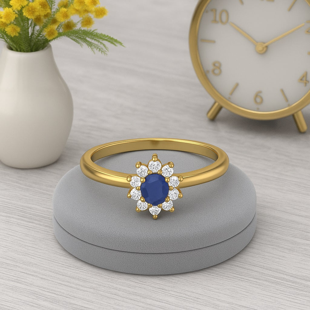 Blue Sapphire Oval 0.25 Ct Classic Floral HaloRing - 14k Yellow Gold