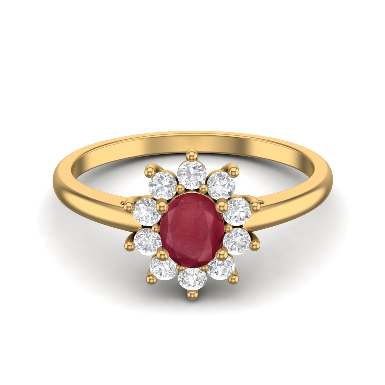 Ruby 0.50 Ct Oval Floral Halo Ring – 14K Yellow Gold
