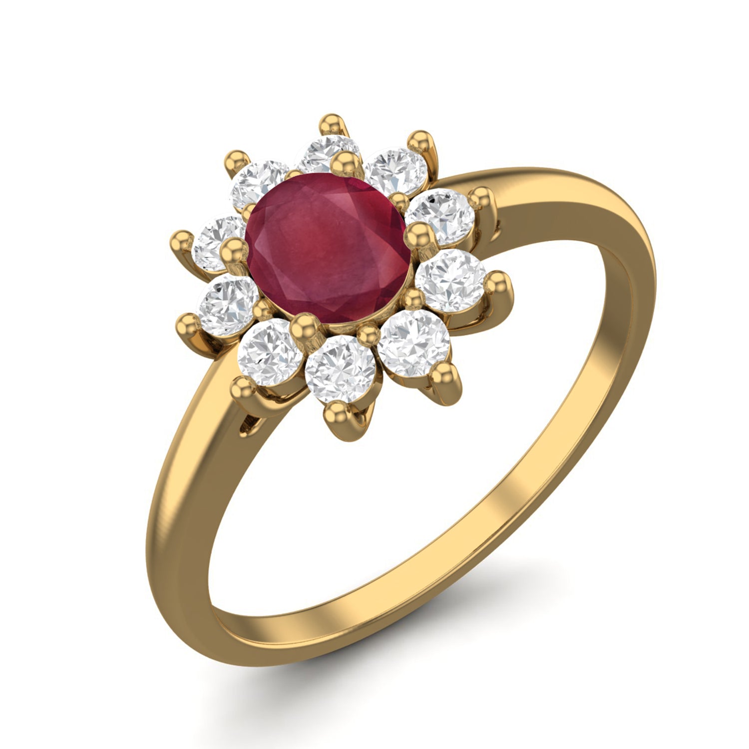 Ruby 0.50 Ct Oval Floral Halo Ring – 14K Yellow Gold