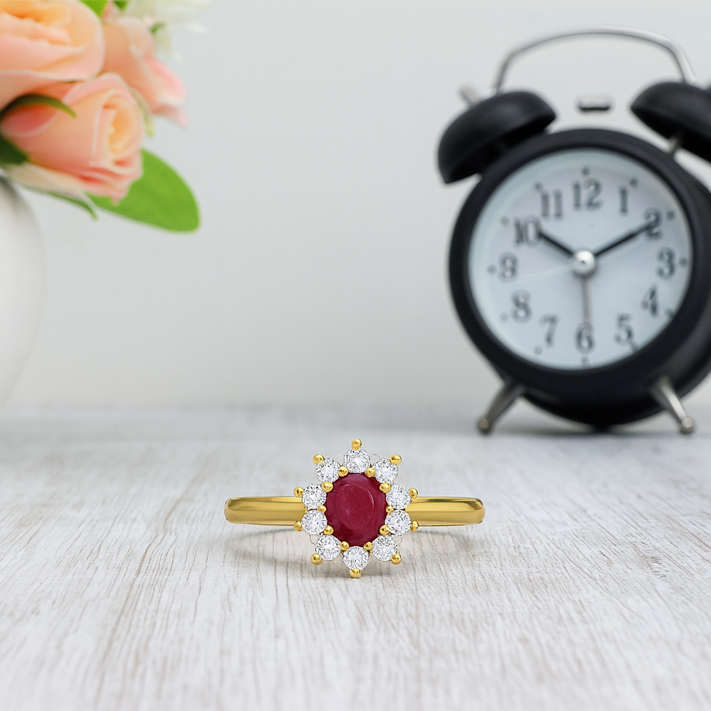 Ruby 0.50 Ct Oval Floral Halo Ring – 14K Yellow Gold