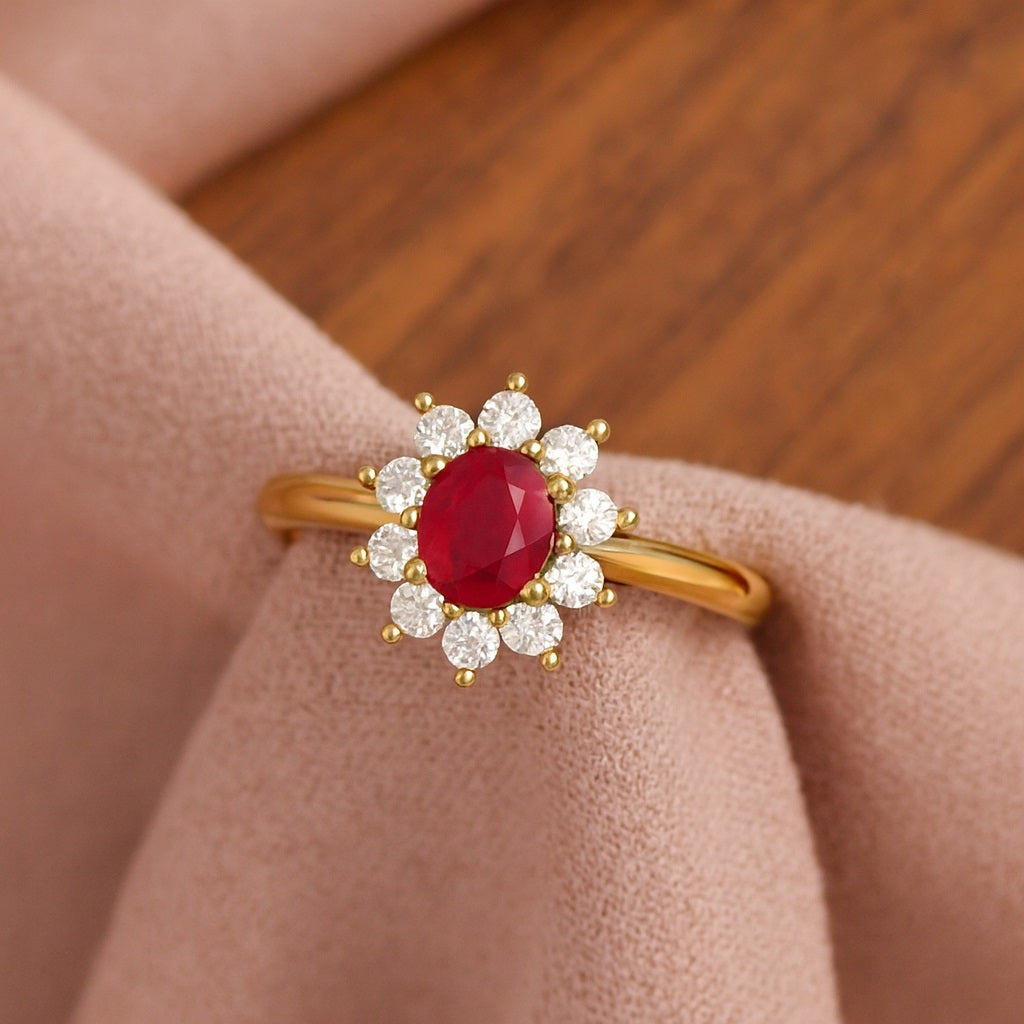 Ruby 0.50 Ct Oval Floral Halo Ring – 14K Yellow Gold